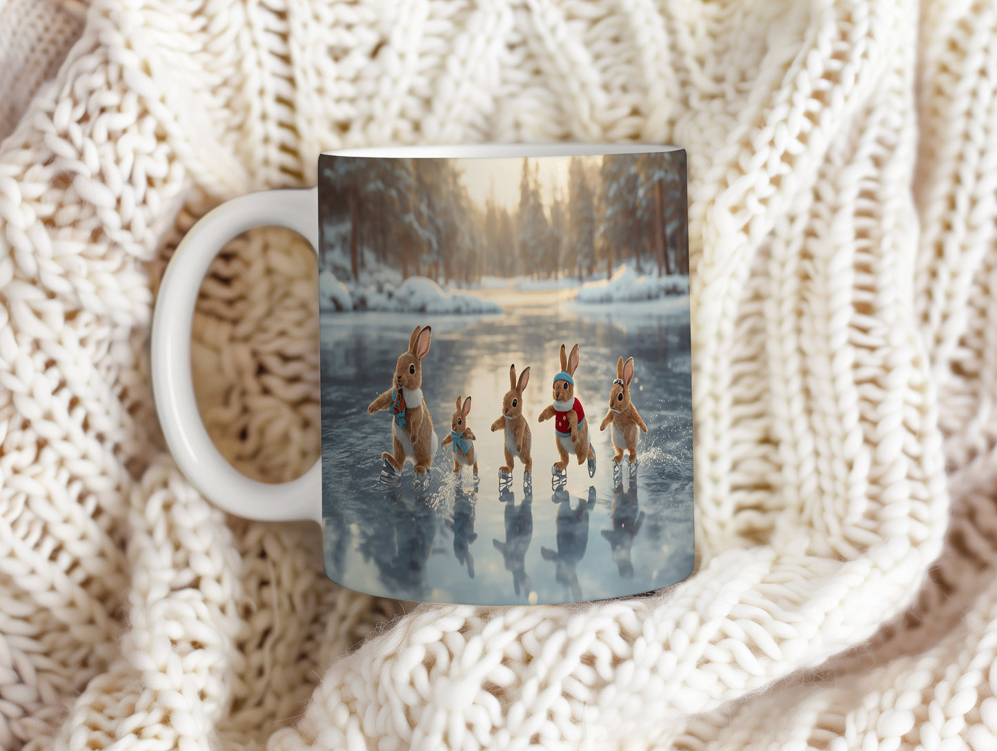 Hrnek s vánočním motivem – králíčci na ledě