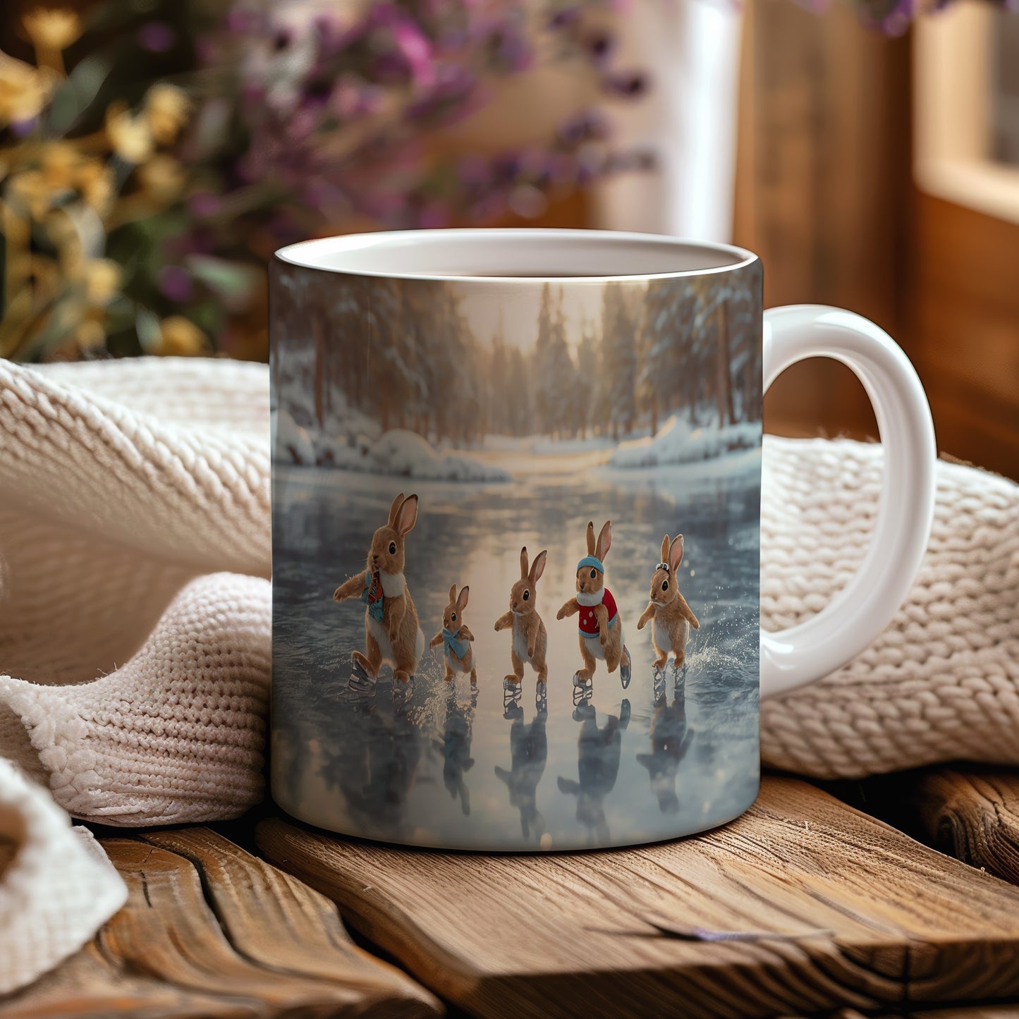 Hrnek s vánočním motivem – králíčci na ledě