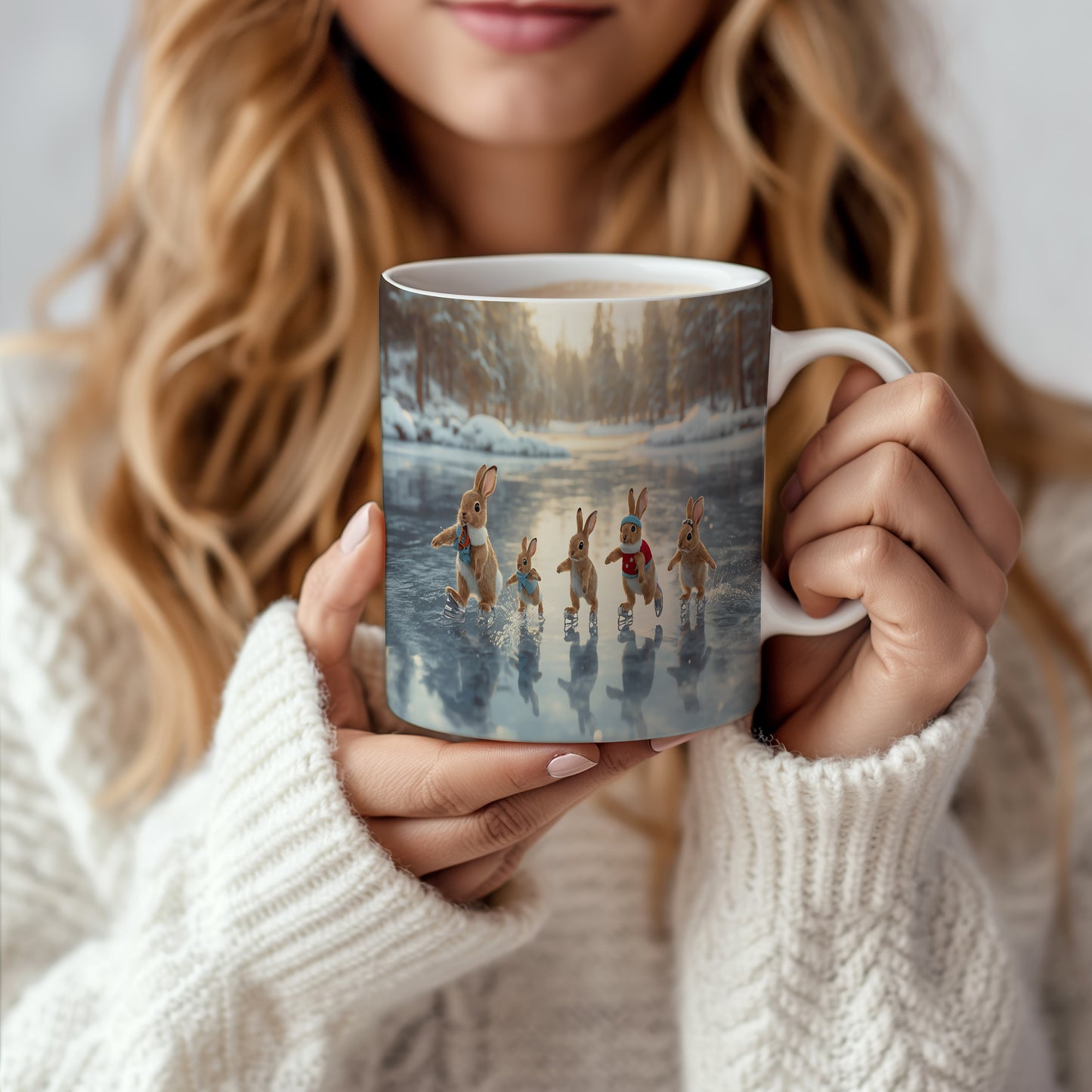 Hrnek s vánočním motivem – králíčci na ledě