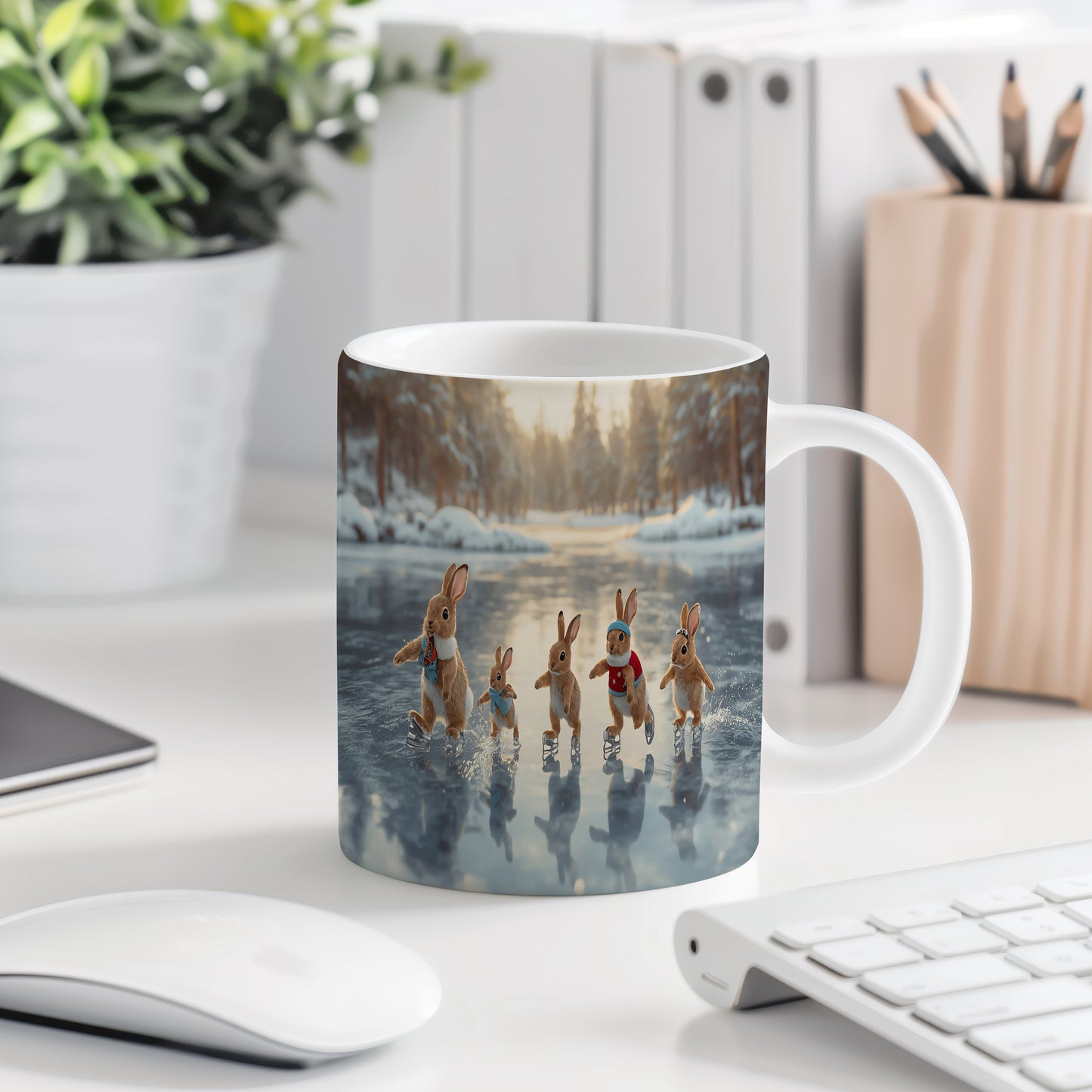 Hrnek s vánočním motivem – králíčci na ledě