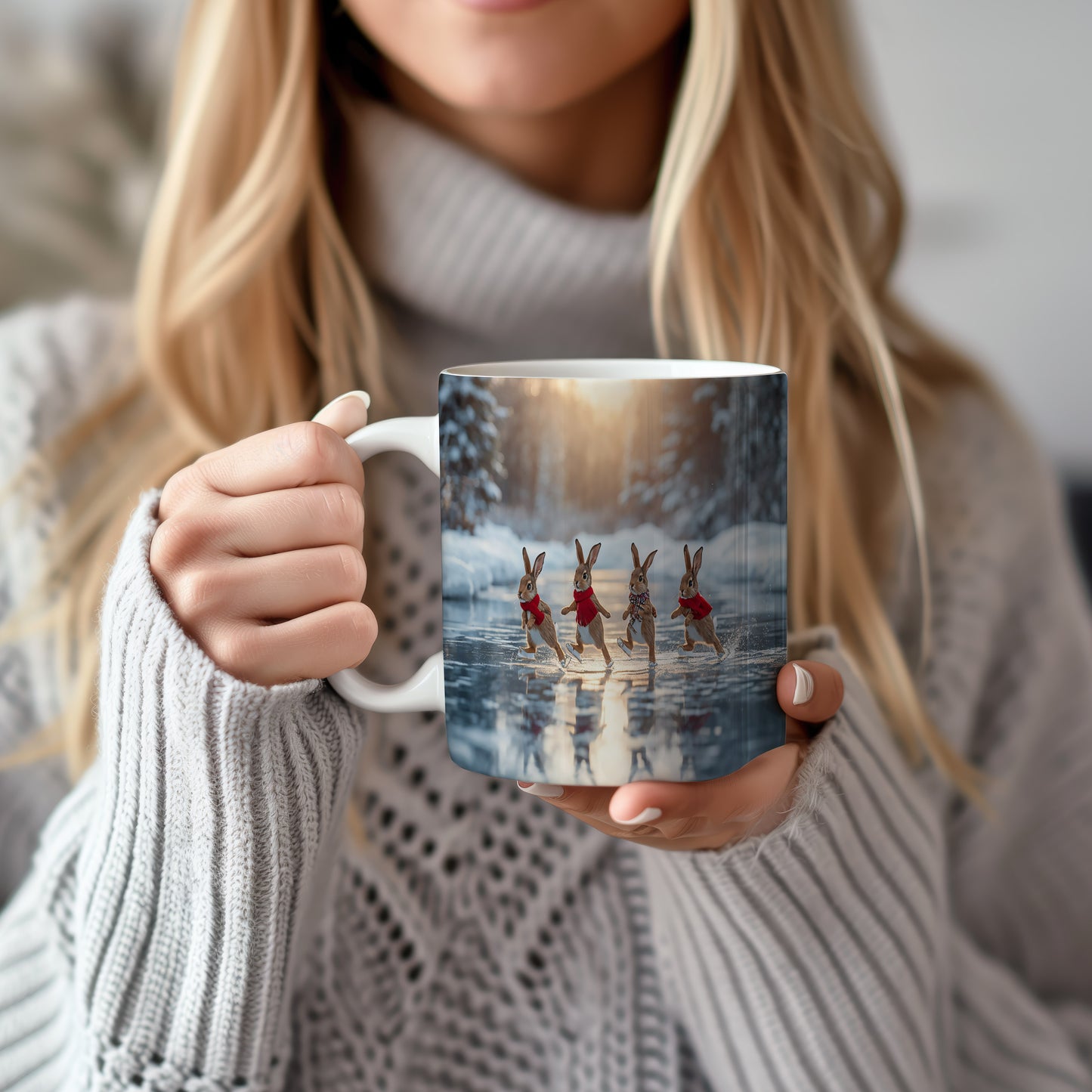 Hrnek s vánočním motivem – bruslící zajíčci