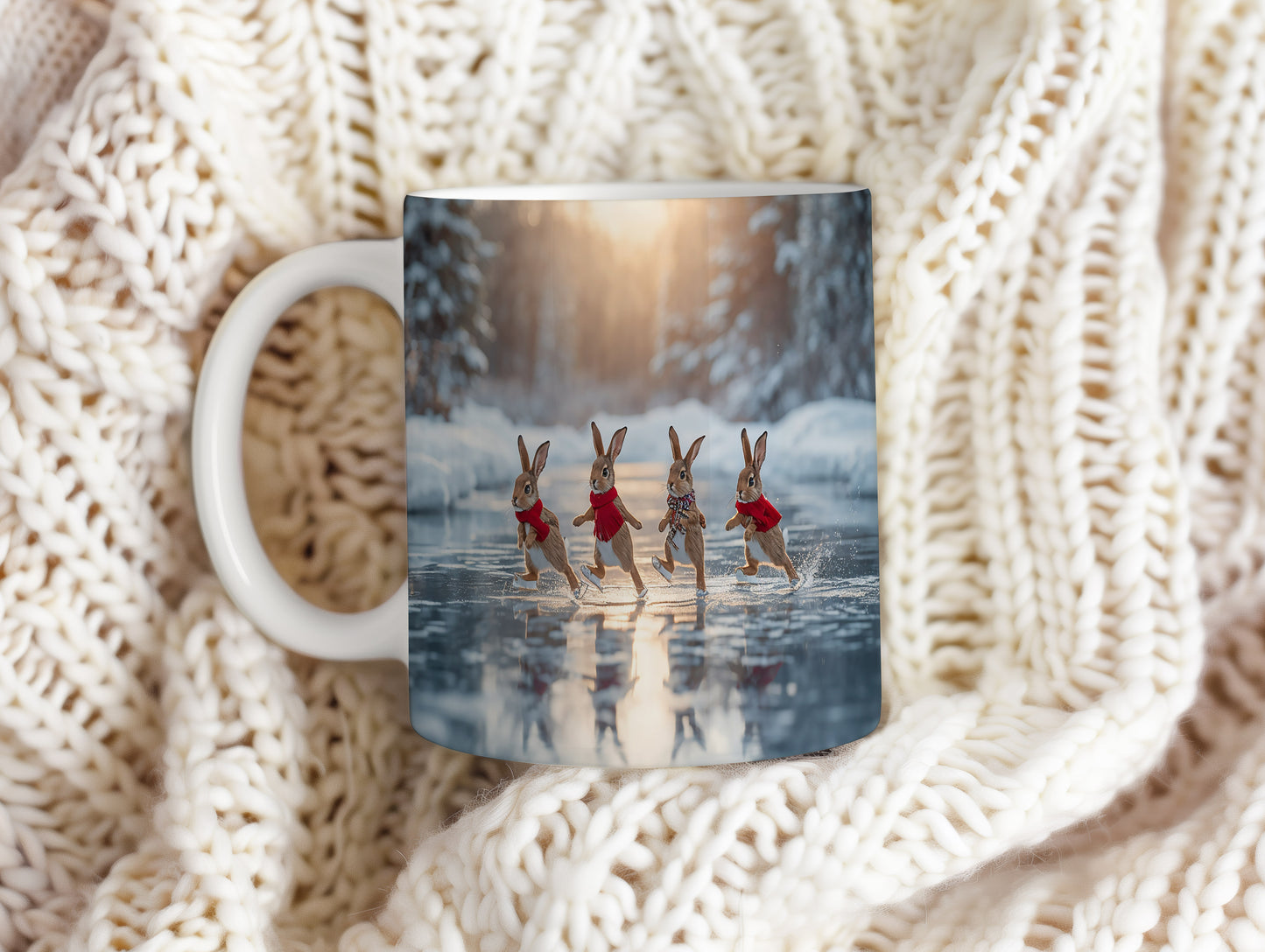 Hrnek s vánočním motivem – bruslící zajíčci