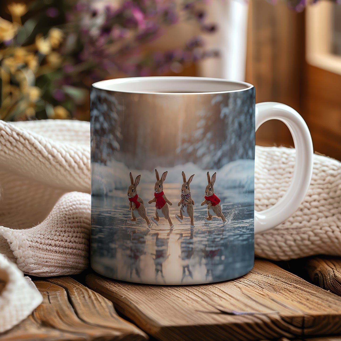 Hrnek s vánočním motivem – bruslící zajíčci