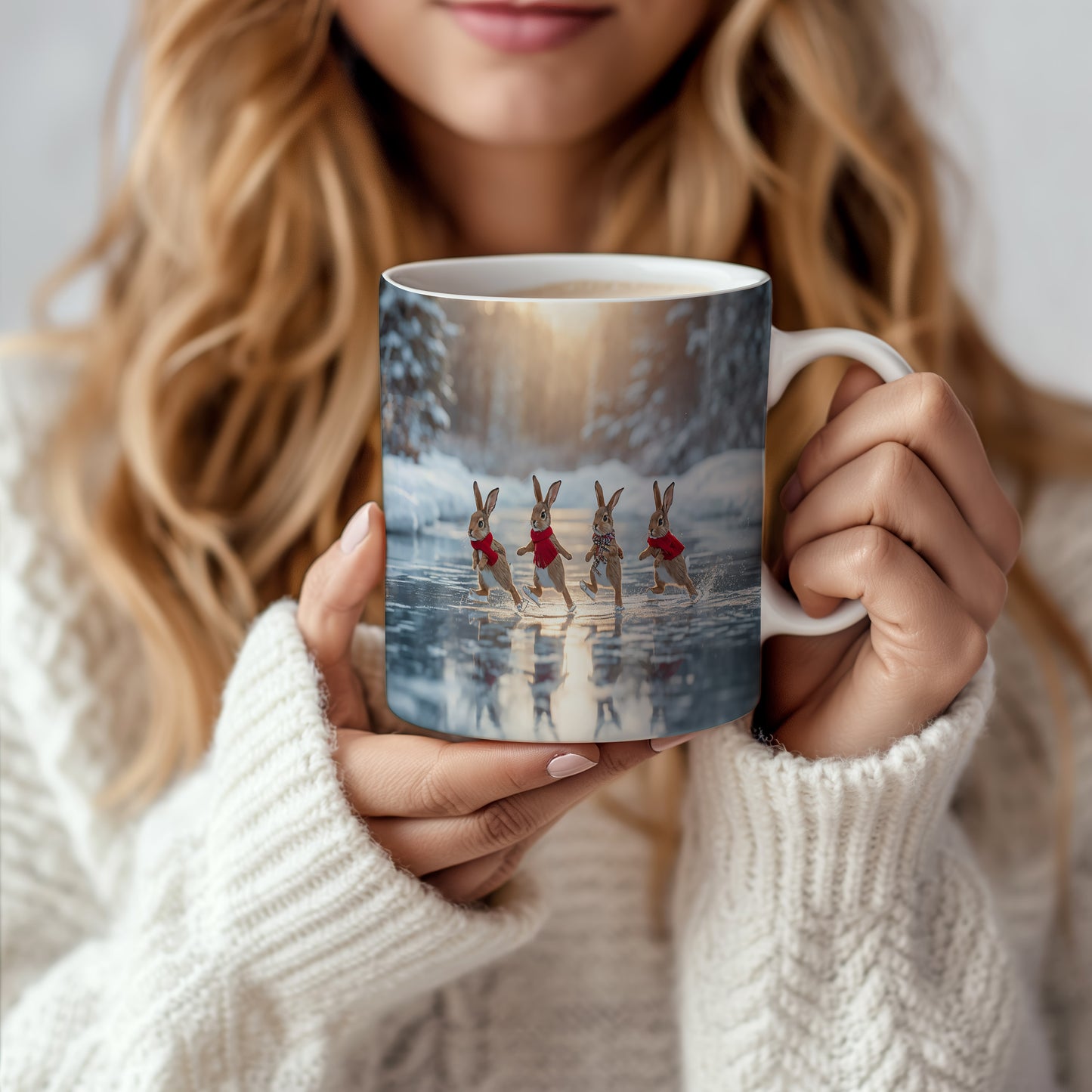 Hrnek s vánočním motivem – bruslící zajíčci