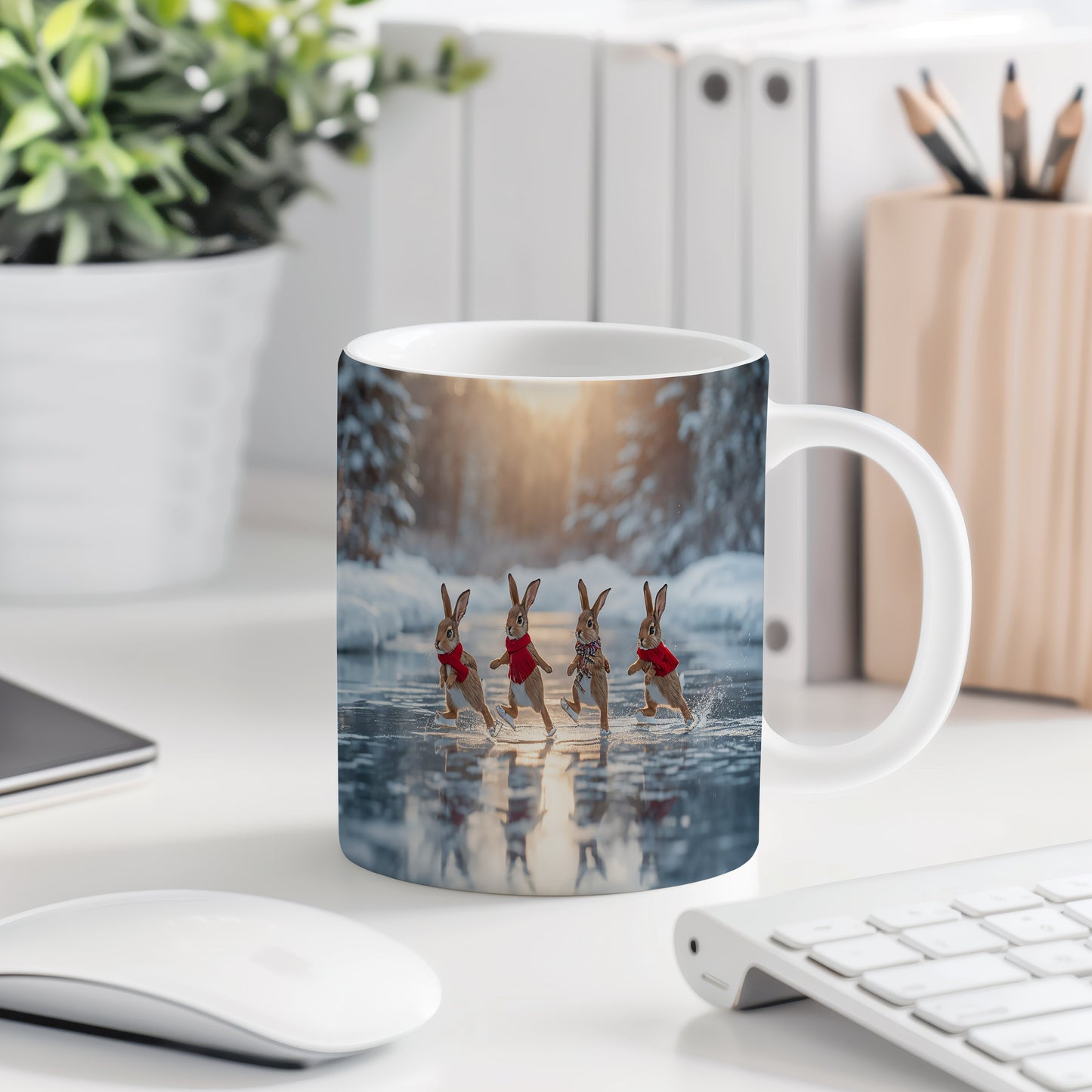 Hrnek s vánočním motivem – bruslící zajíčci