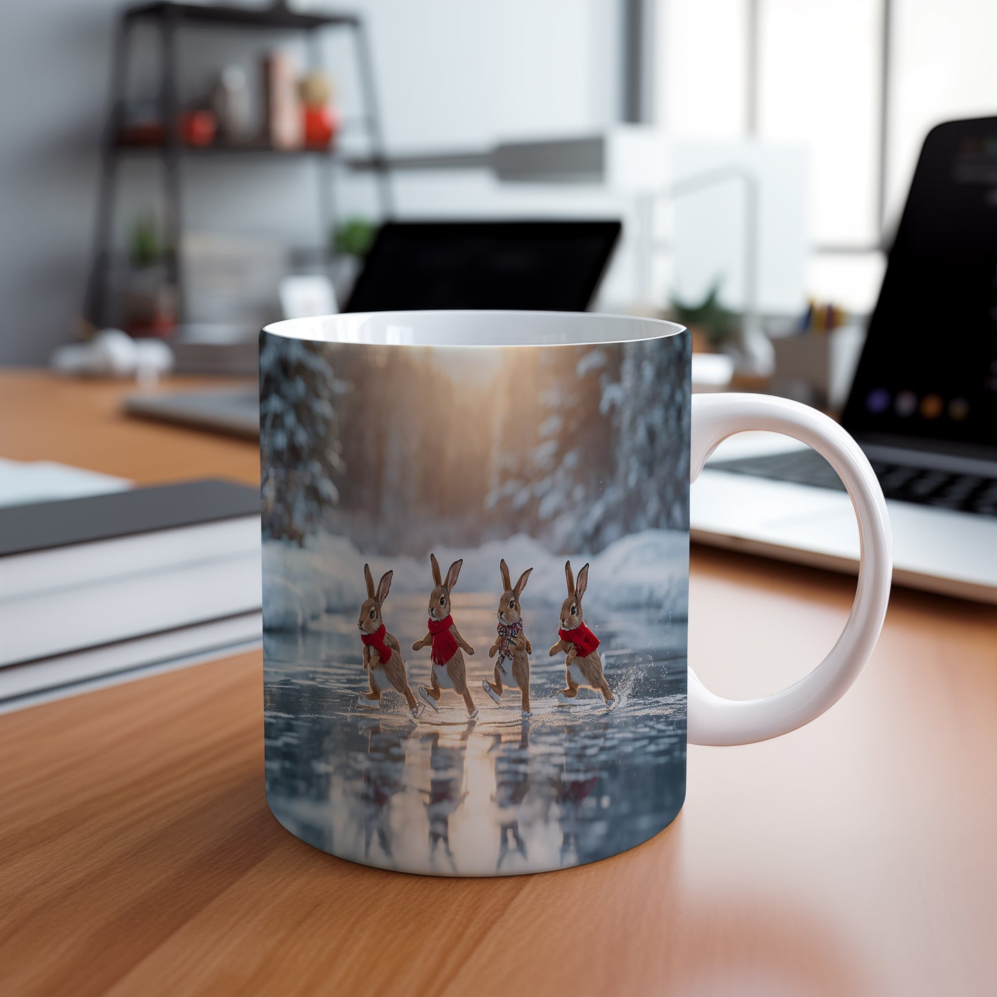 Hrnek s vánočním motivem – bruslící zajíčci