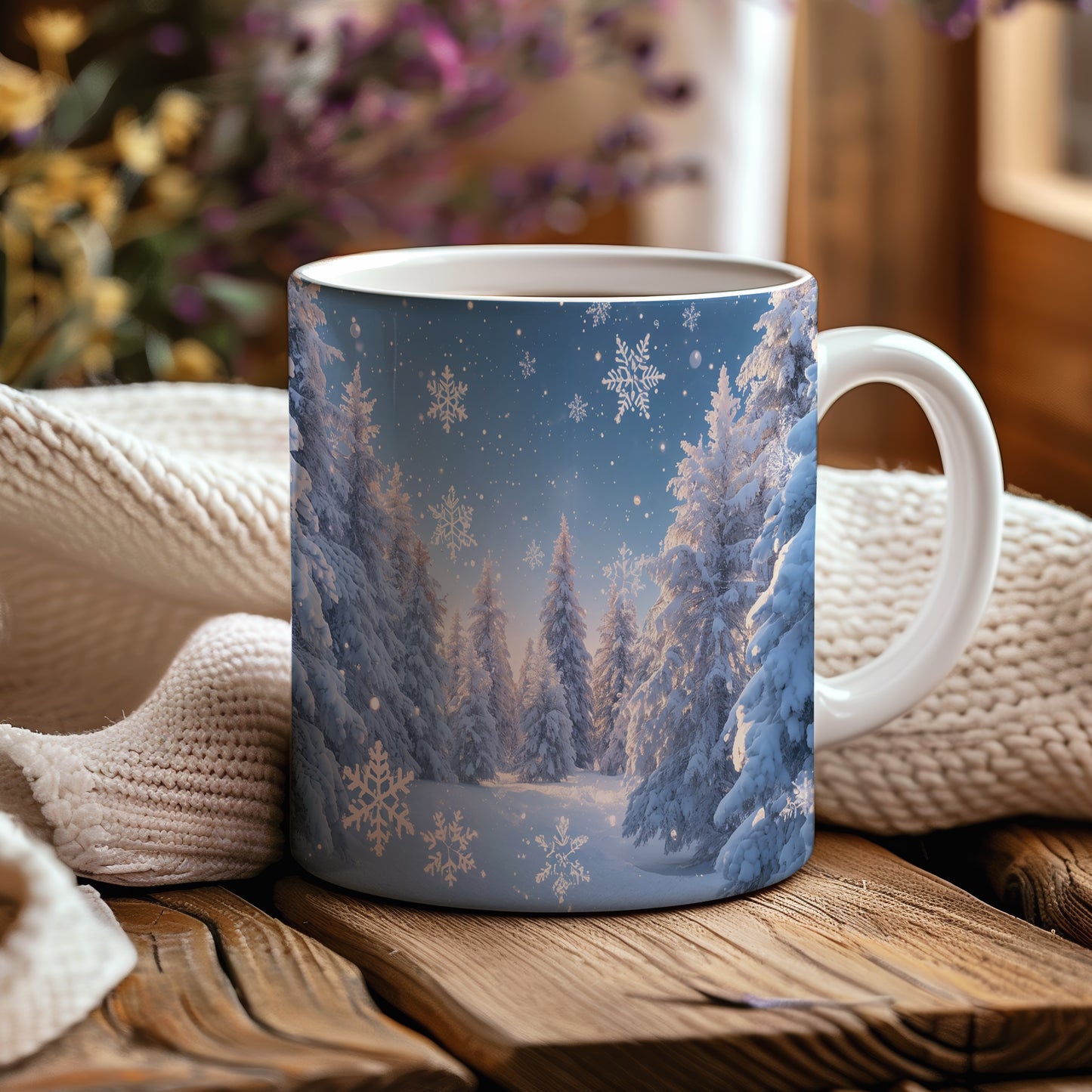 Hrnek s vánočním motivem – zasněžený les a vločky