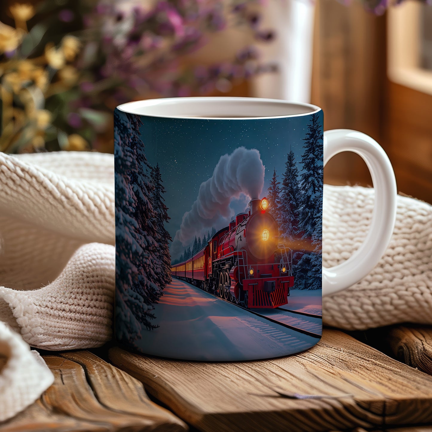 Hrnek s vánočním motivem – parní vlak v zasněženém lese