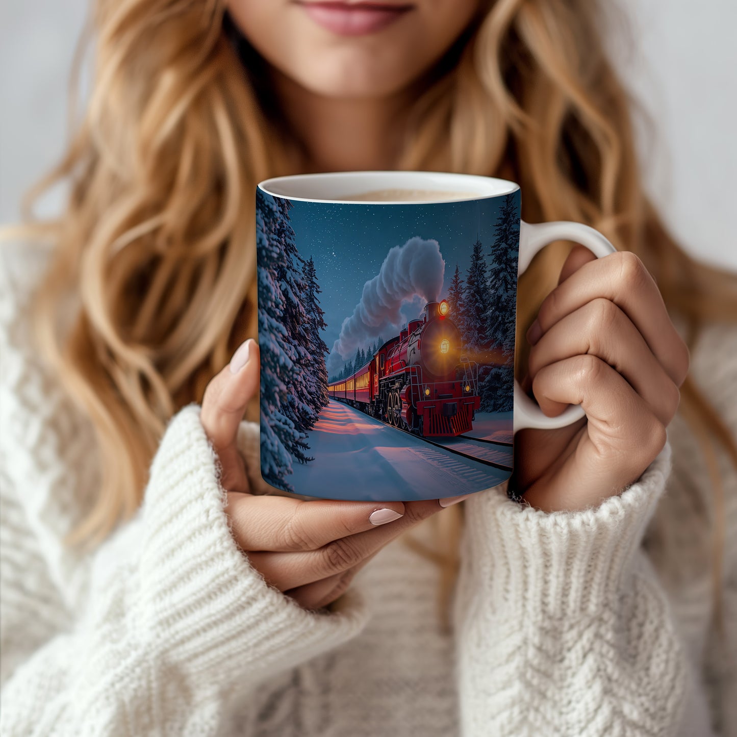 Hrnek s vánočním motivem – parní vlak v zasněženém lese