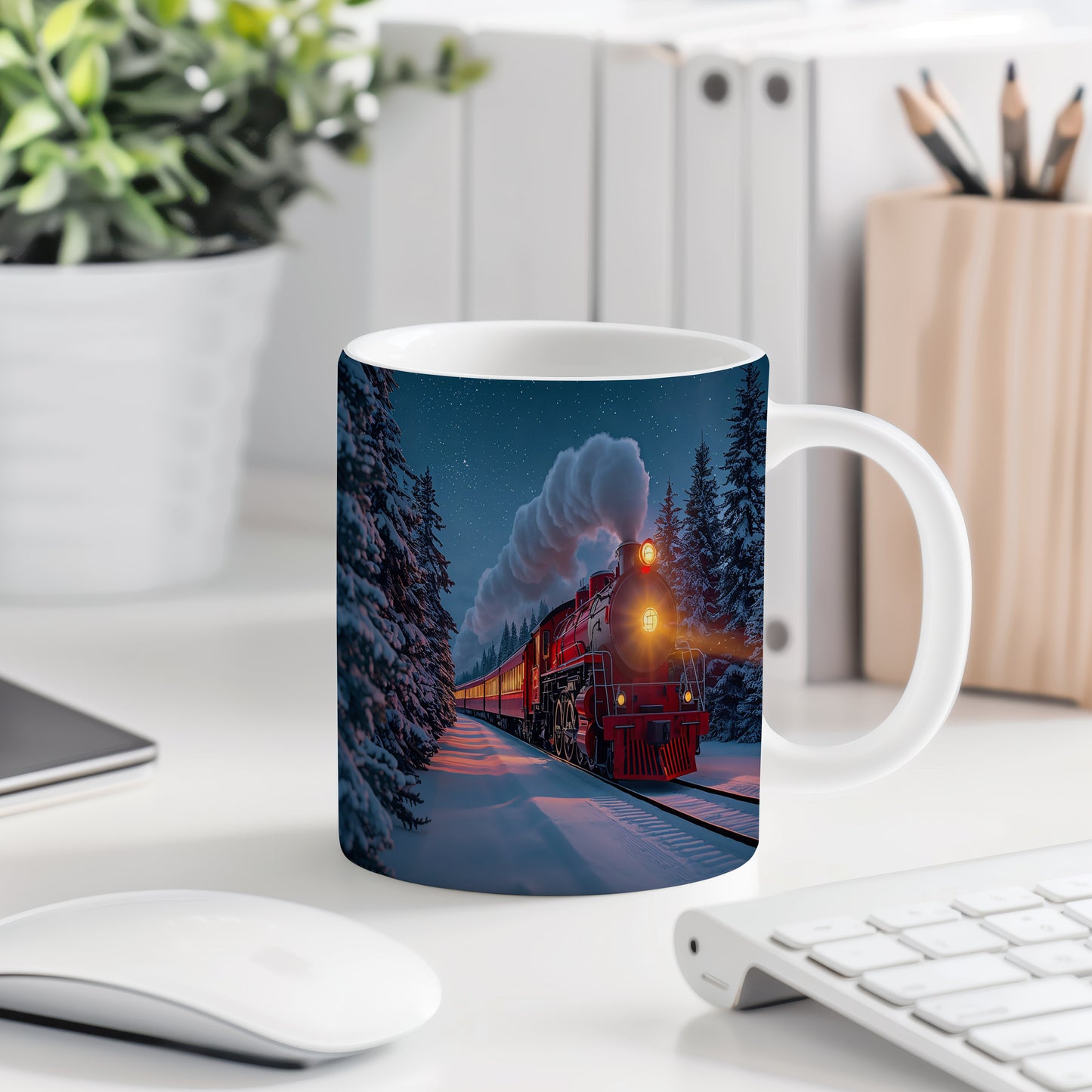 Hrnek s vánočním motivem – parní vlak v zasněženém lese