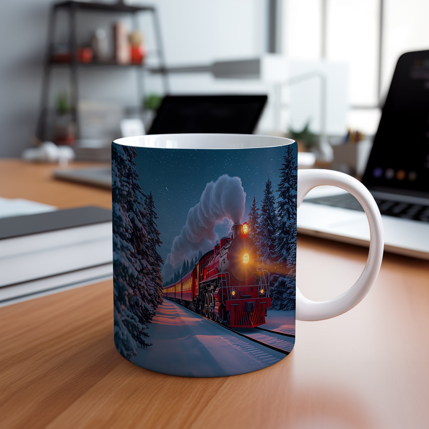 Hrnek s vánočním motivem – parní vlak v zasněženém lese