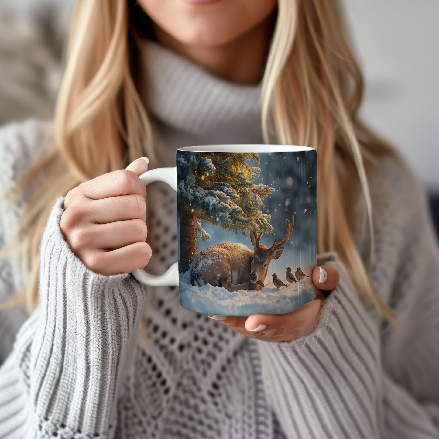 Hrnek s vánočním motivem – jelen pod zasněženým stromem