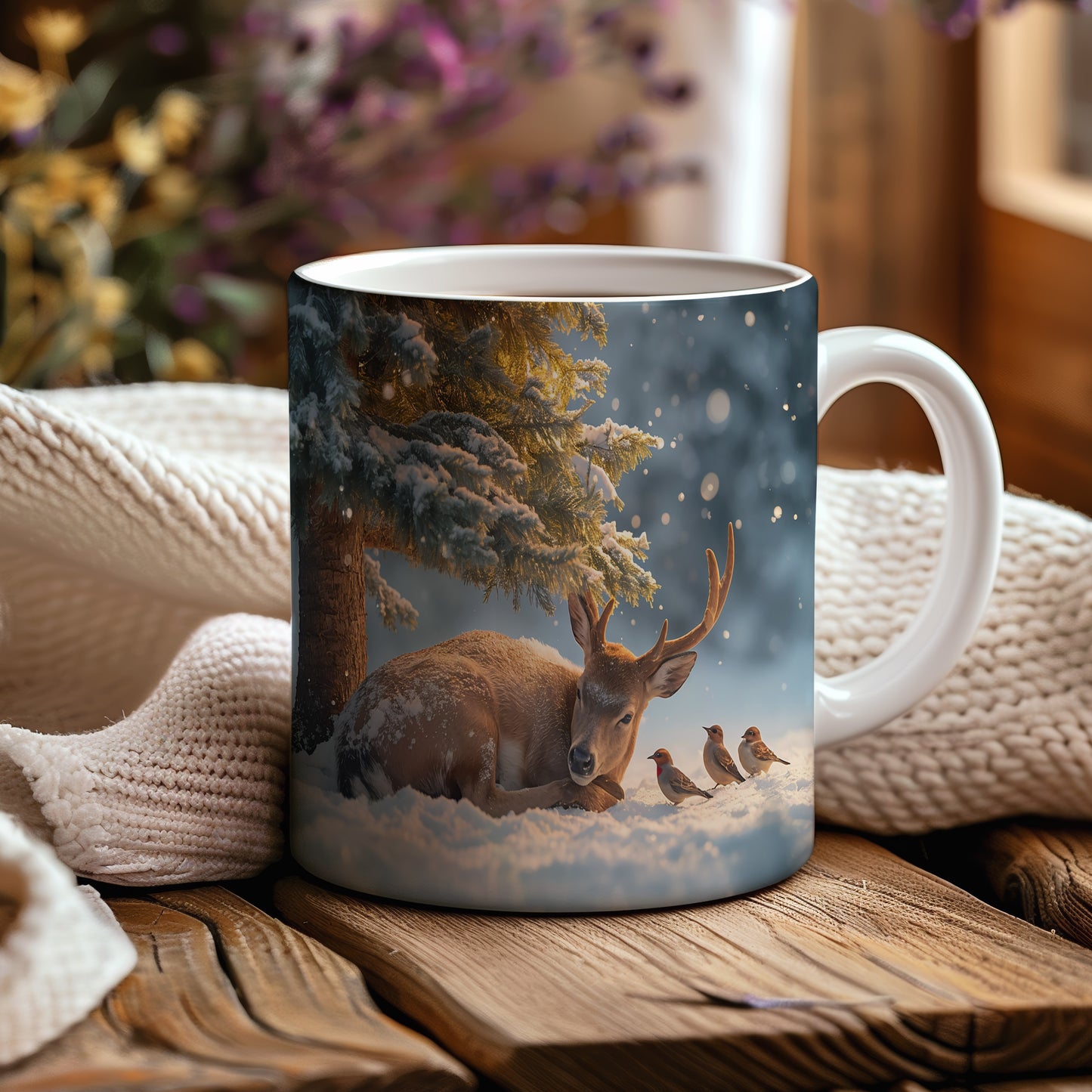 Hrnek s vánočním motivem – jelen pod zasněženým stromem