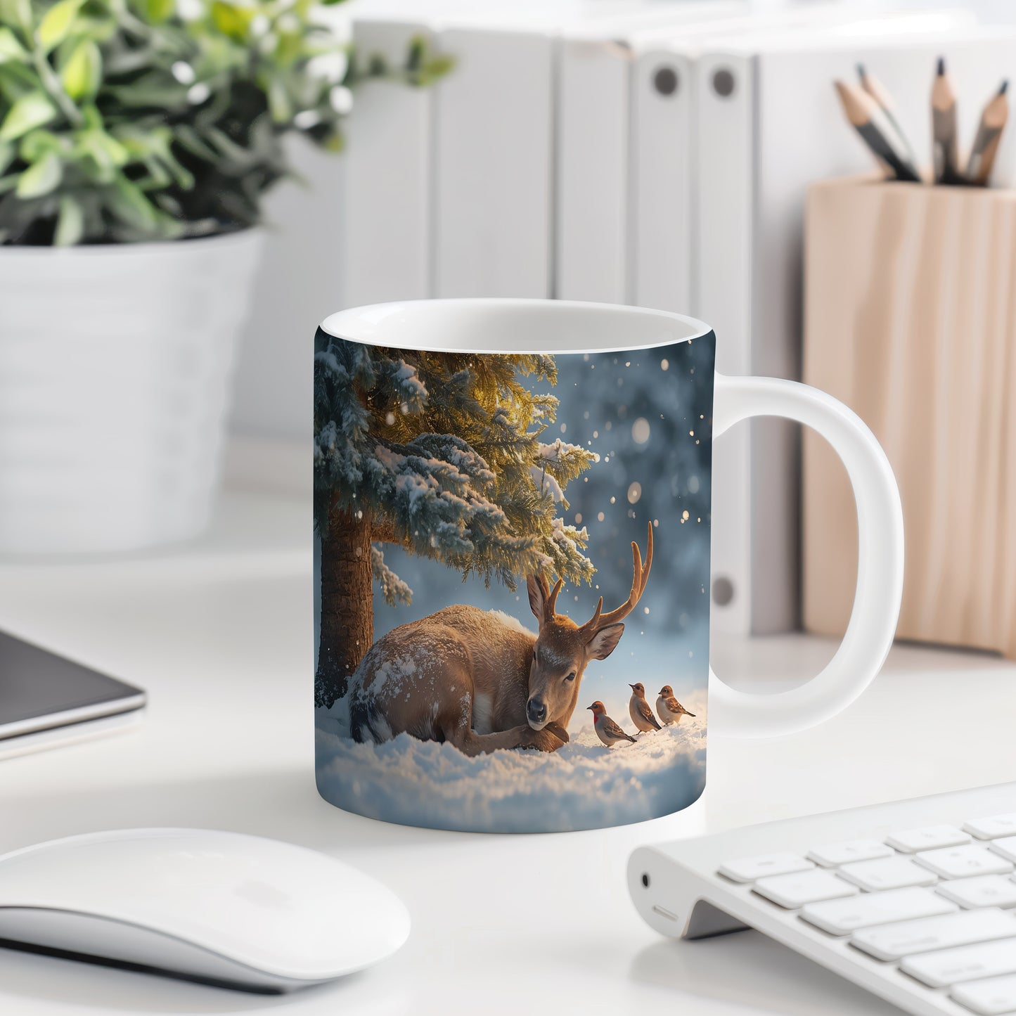Hrnek s vánočním motivem – jelen pod zasněženým stromem