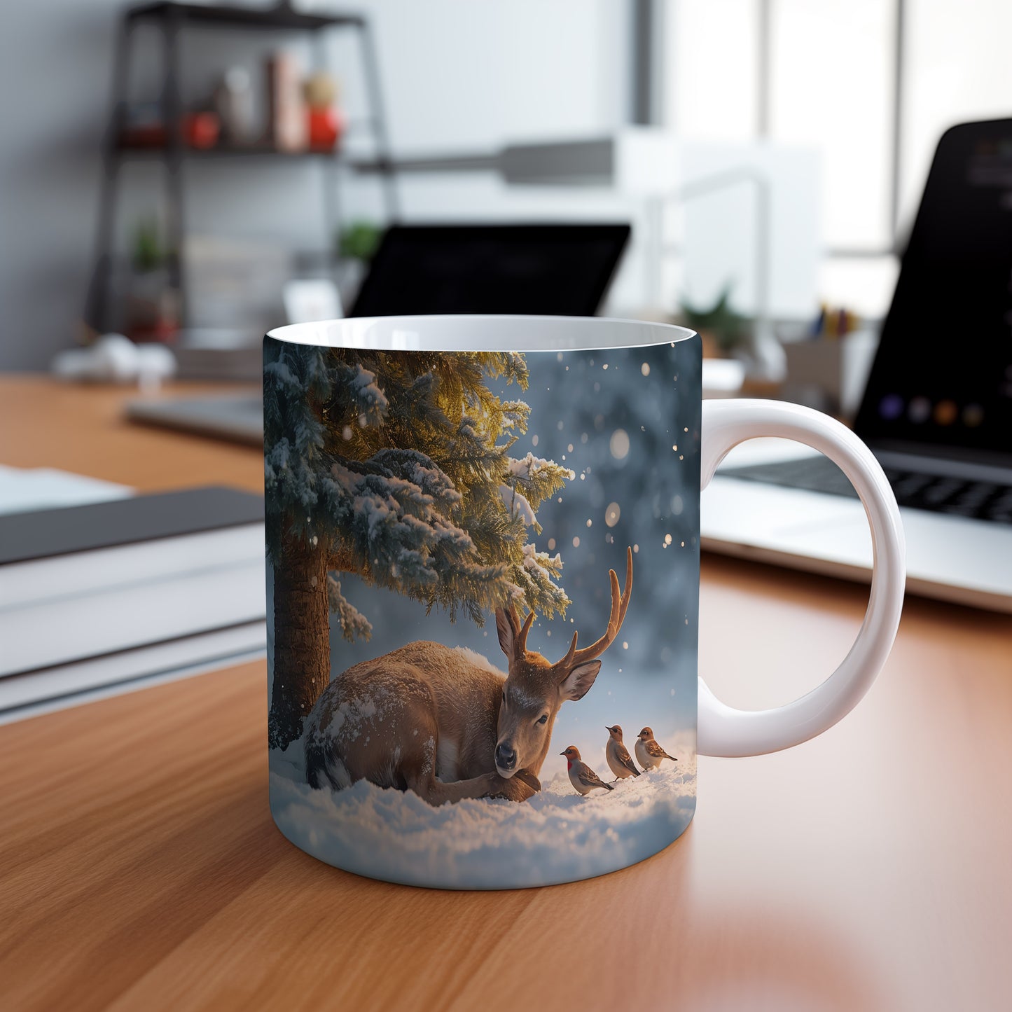 Hrnek s vánočním motivem – jelen pod zasněženým stromem