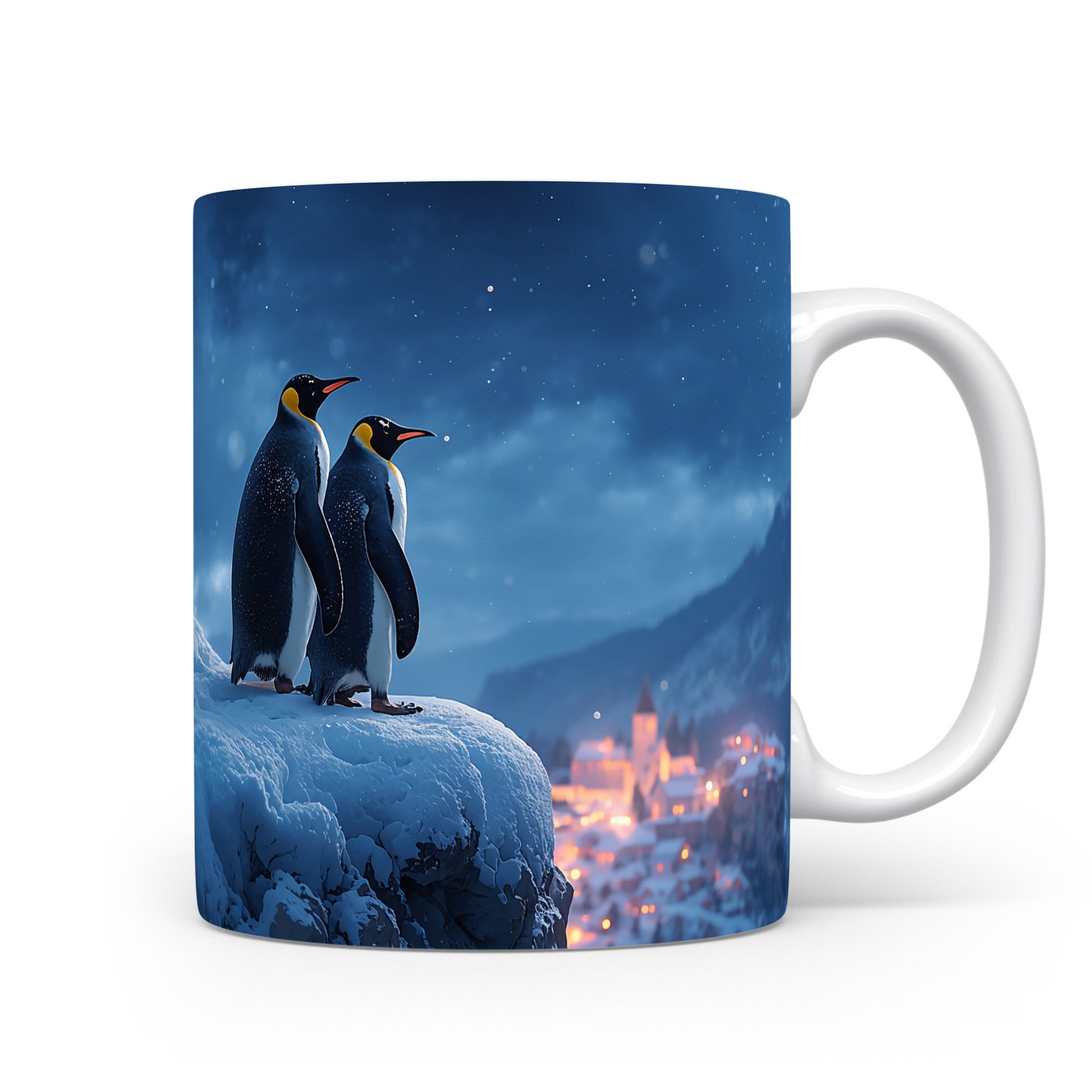 Hrnek s tučňáky a hvězdami.