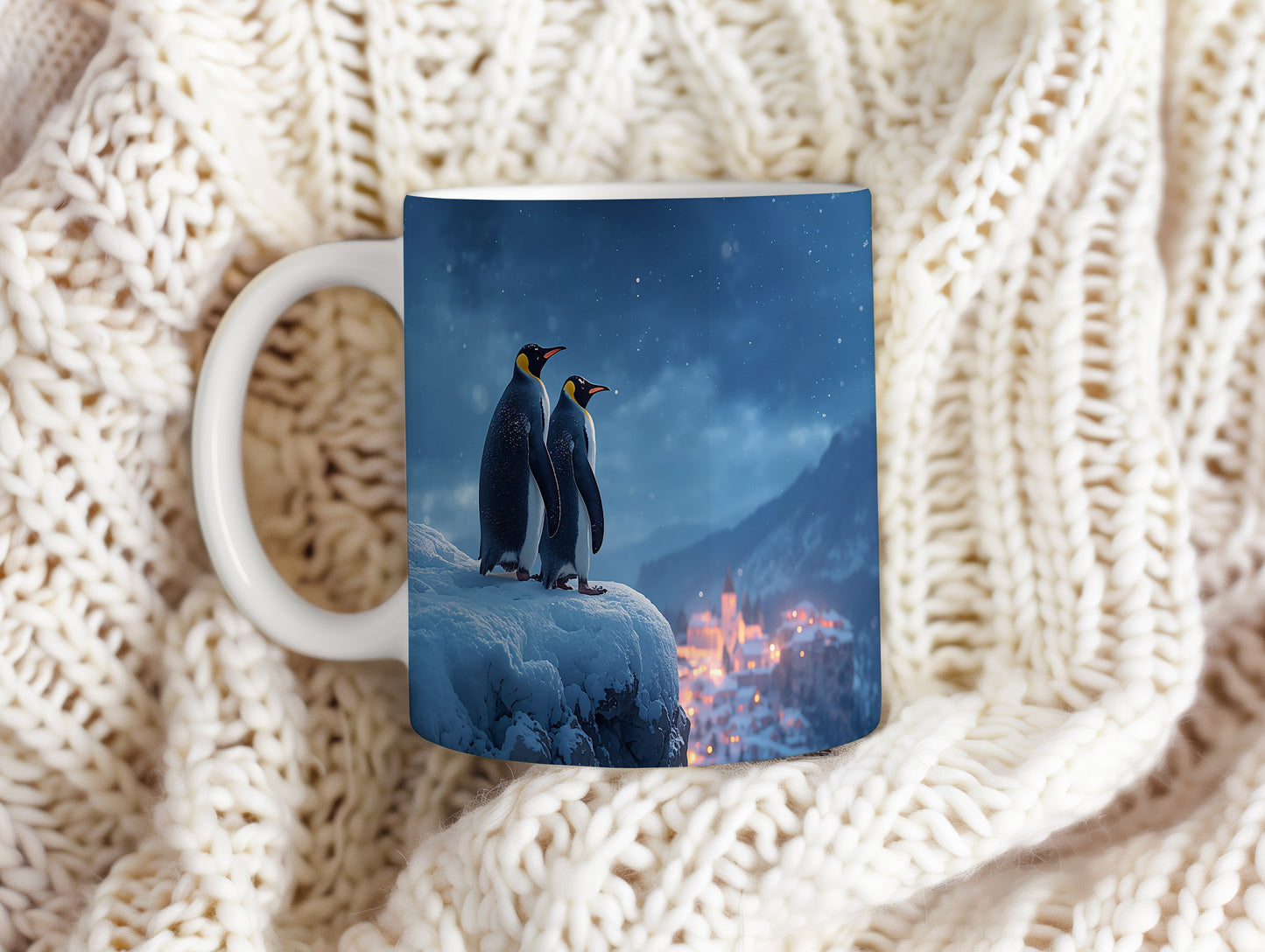 Hrnek s vánočním motivem – tučňáci pod hvězdnou oblohou – sníh, tučňáci