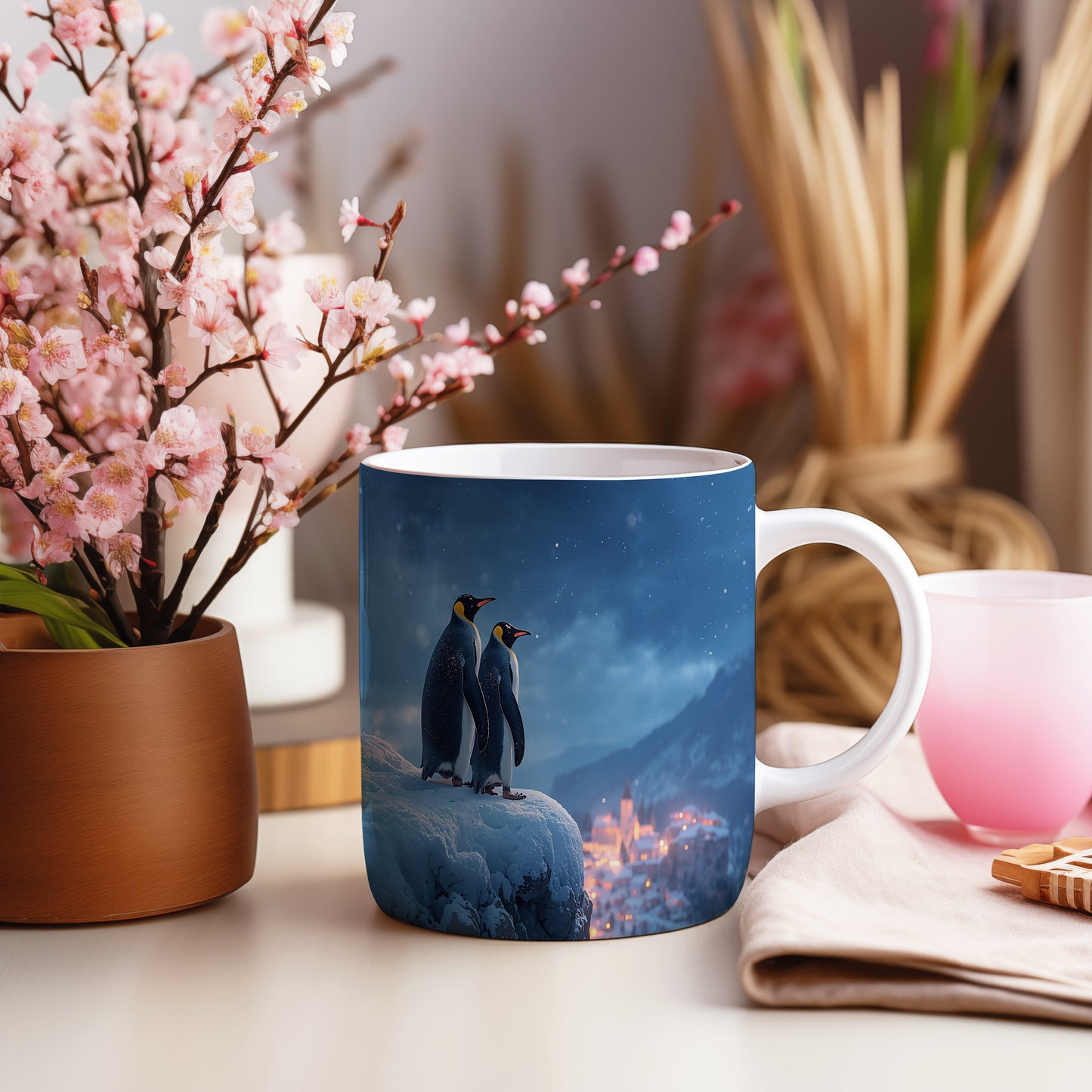 Hrnek s vánočním motivem – tučňáci pod hvězdnou oblohou – sníh, tučňáci