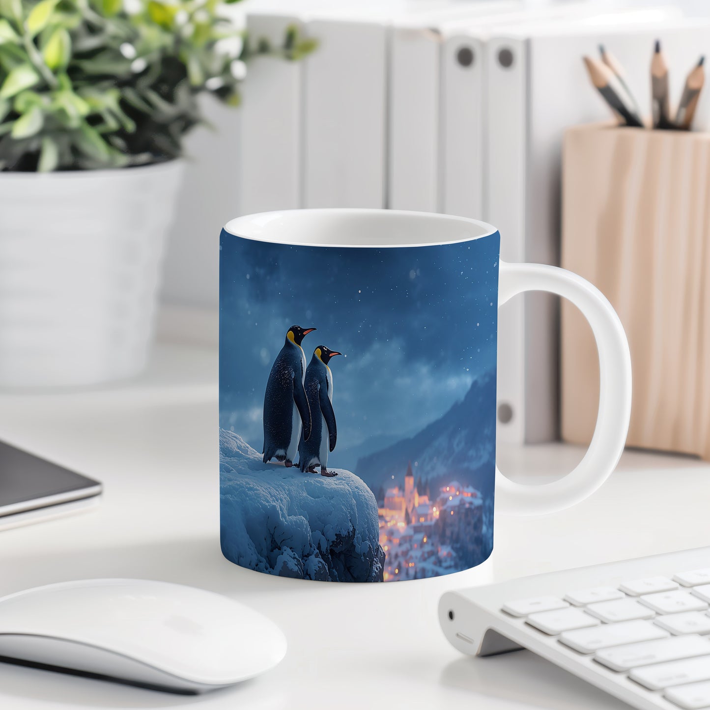 Hrnek s vánočním motivem – tučňáci pod hvězdnou oblohou – sníh, tučňáci