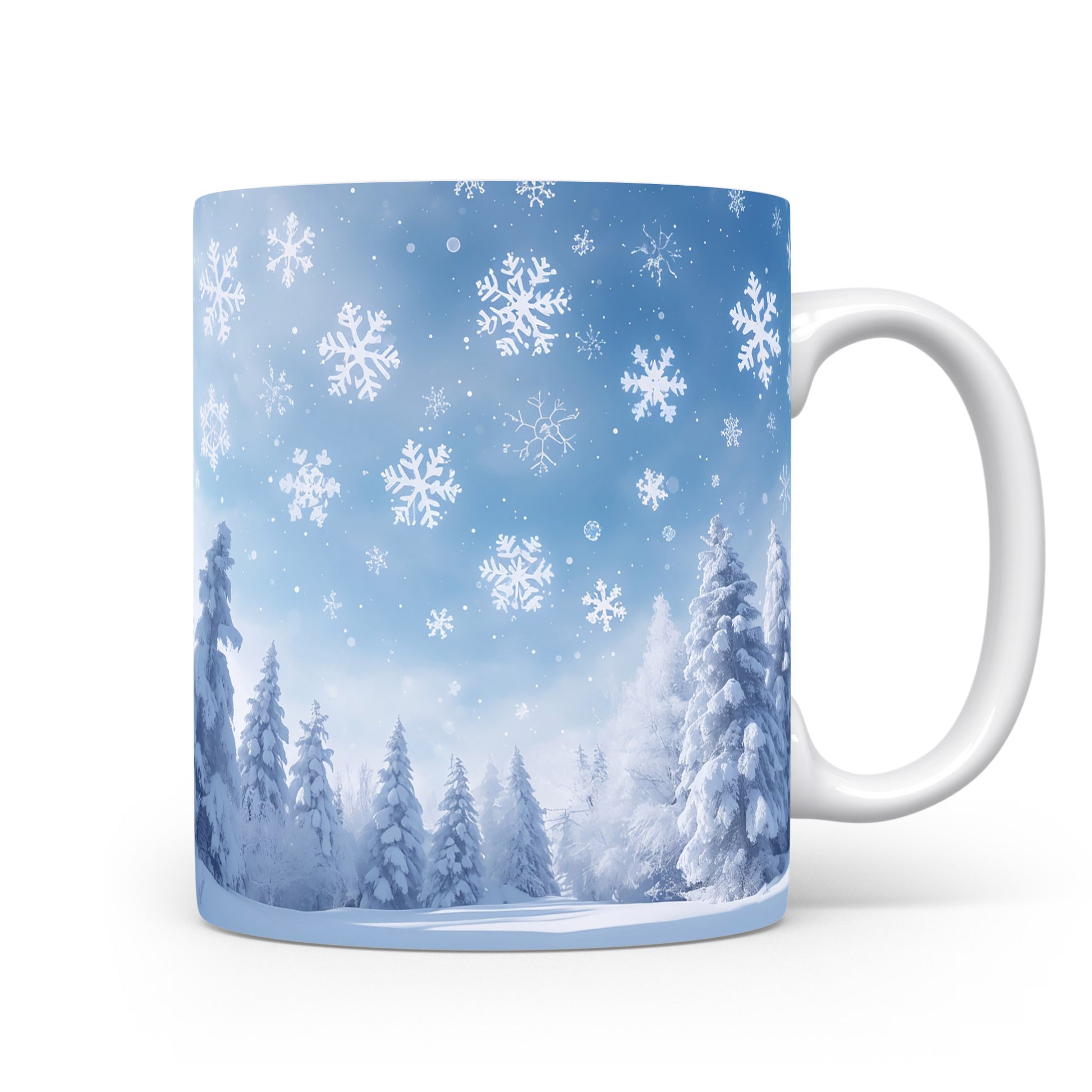 Hrnek s motivem lesa a vloček.