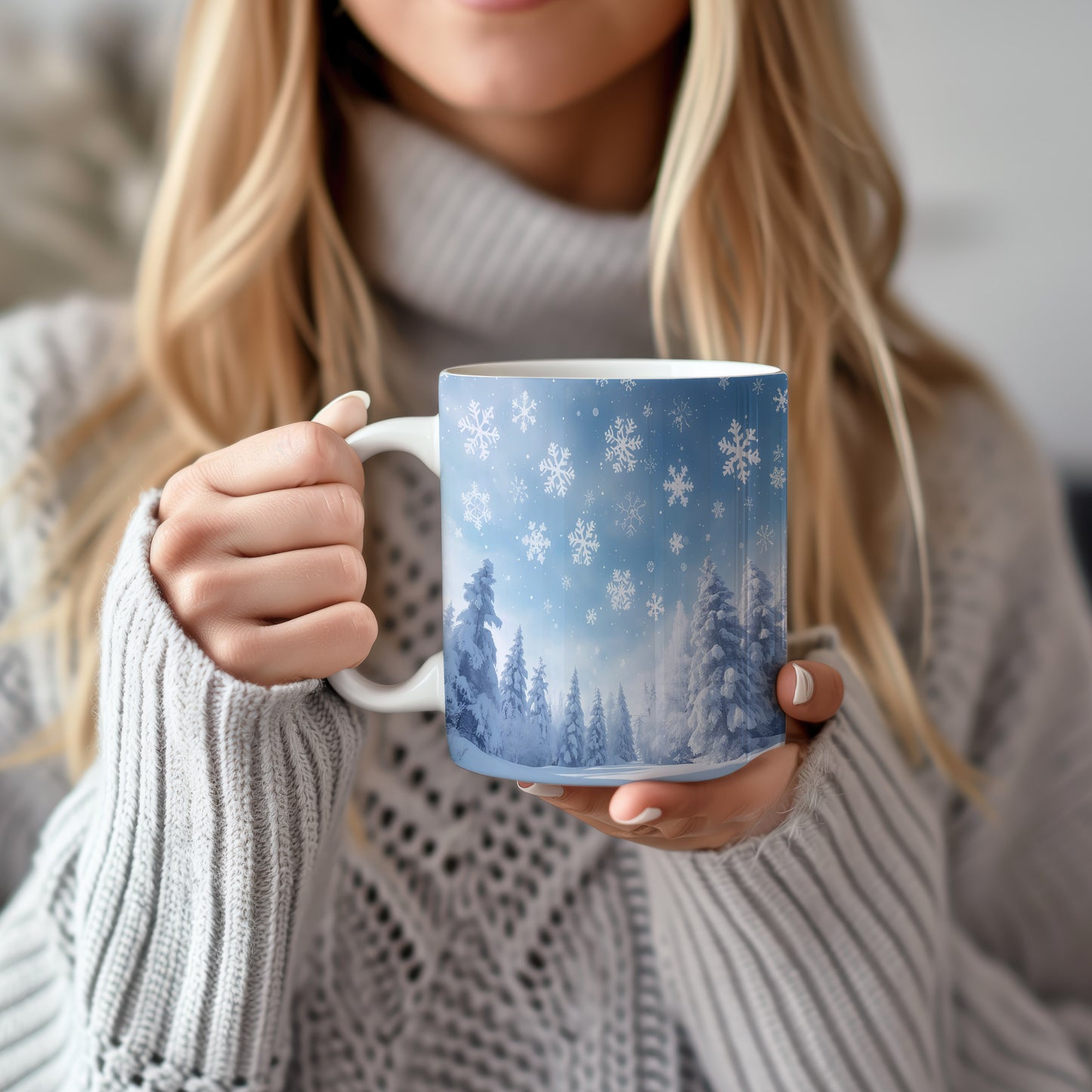 Hrnek s vánočním motivem – les pod vločkami