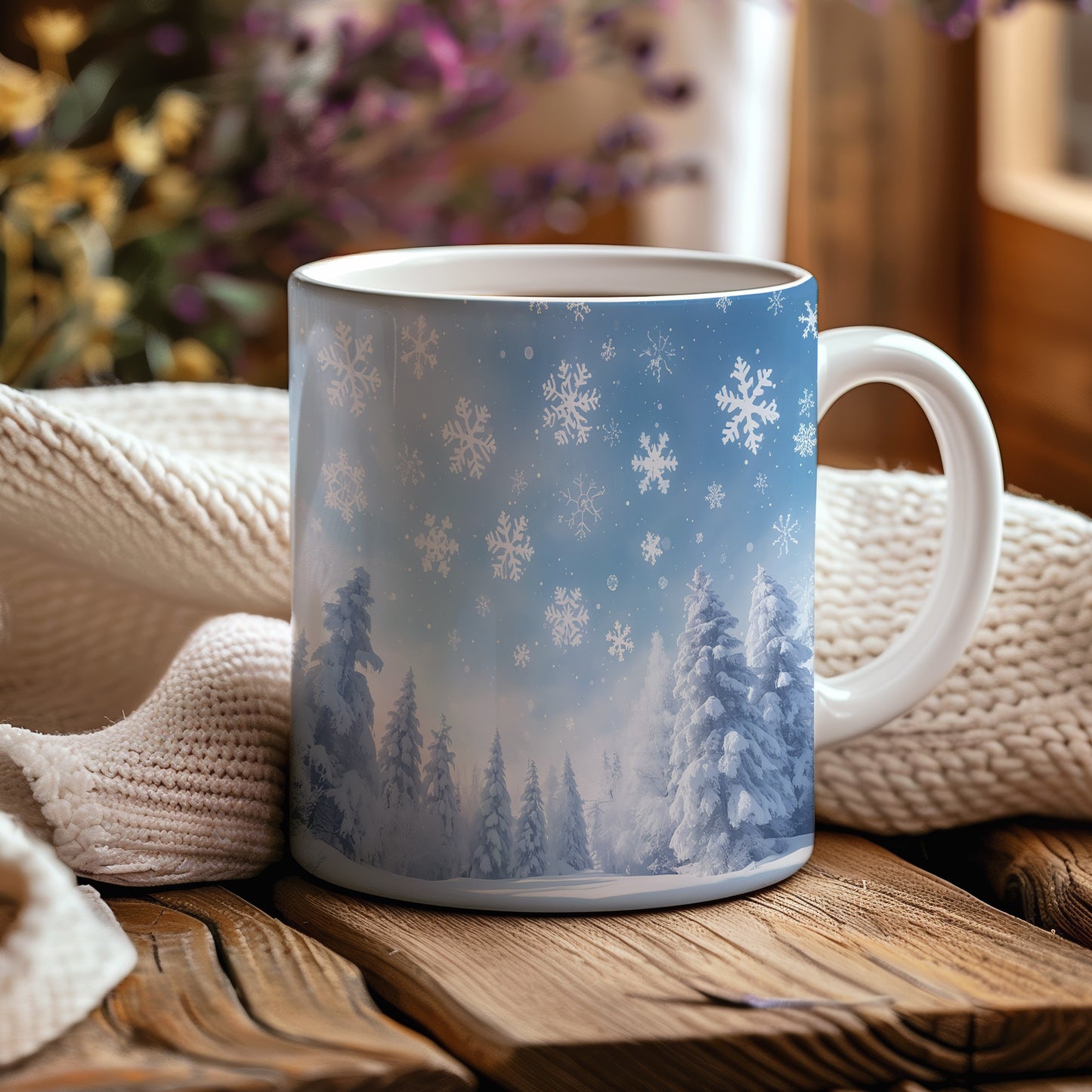 Hrnek s vánočním motivem – les pod vločkami