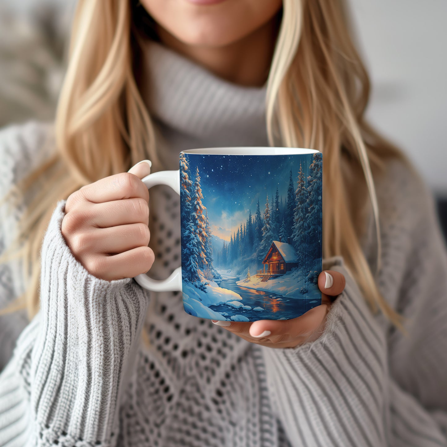 Hrnek s vánočním motivem – zasněžená chalupa u řeky