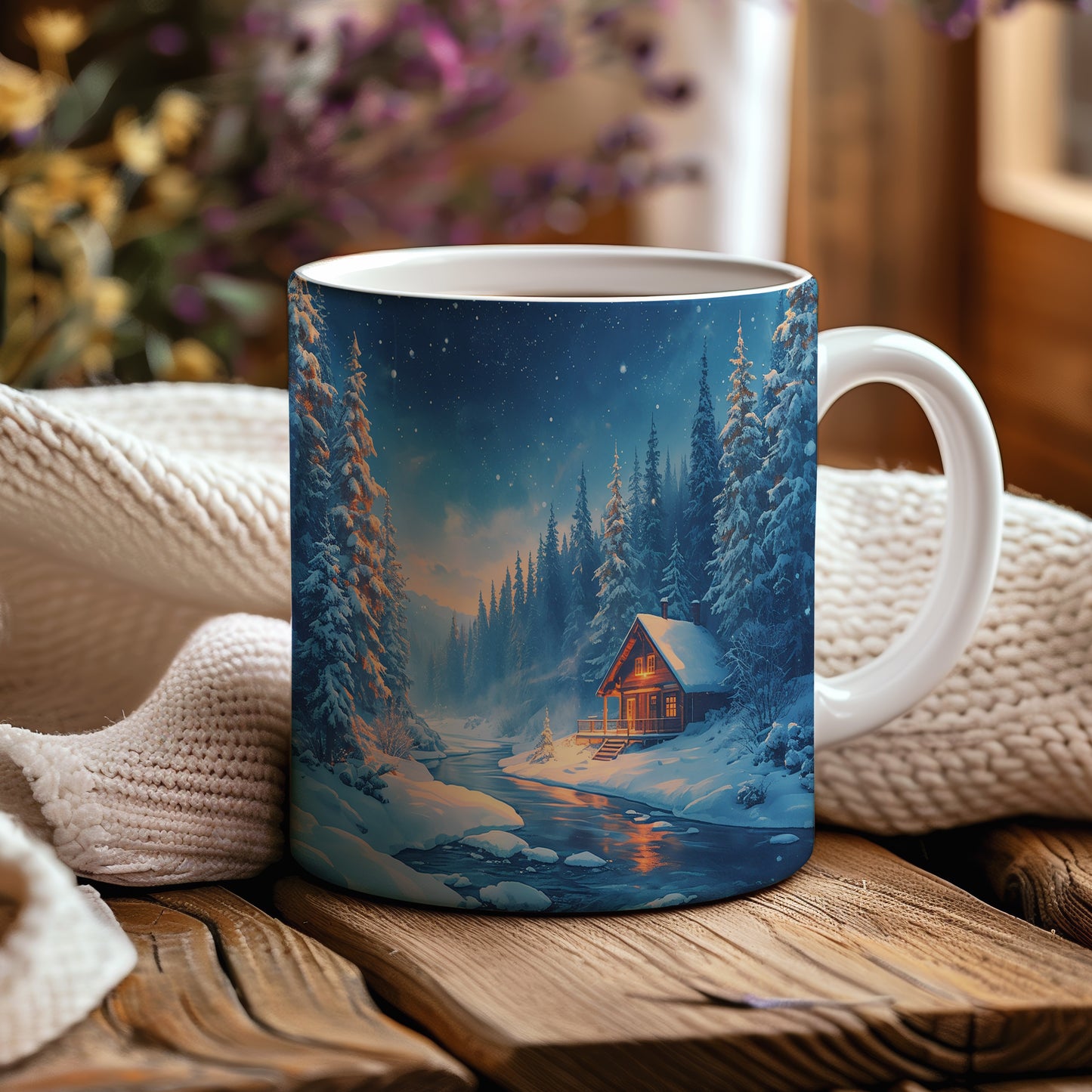 Hrnek s vánočním motivem – zasněžená chalupa u řeky