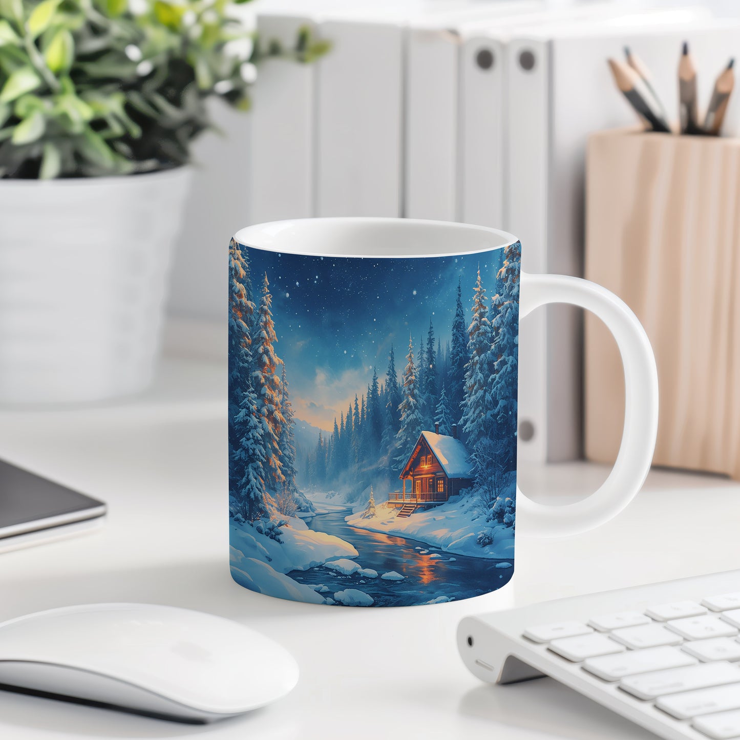 Hrnek s vánočním motivem – zasněžená chalupa u řeky