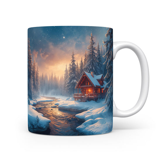 Zimní chata u zasněžené řeky.