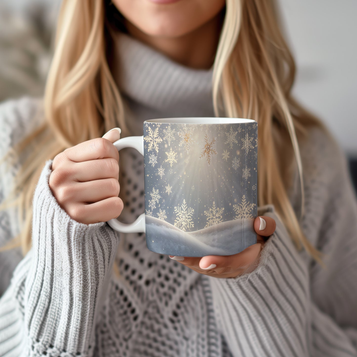 Hrnek s vánočním motivem – zlatavé vločky na zimní obloze