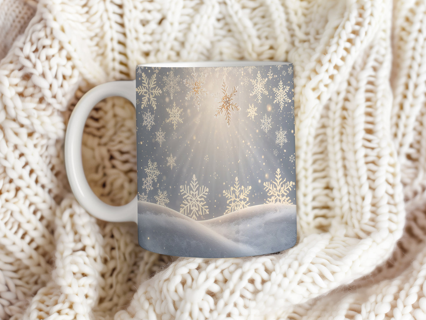 Hrnek s vánočním motivem – zlatavé vločky na zimní obloze