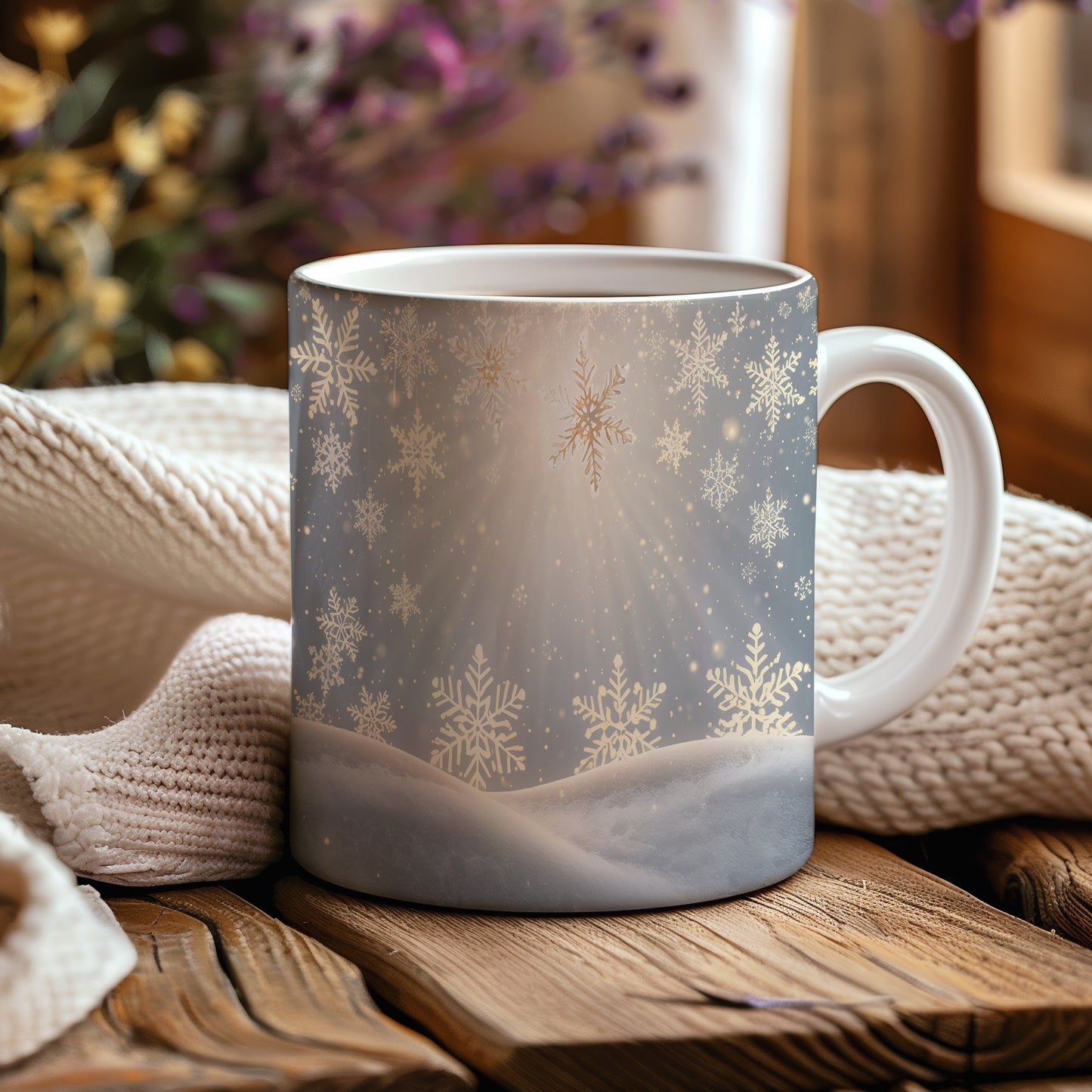 Hrnek s vánočním motivem – zlatavé vločky na zimní obloze