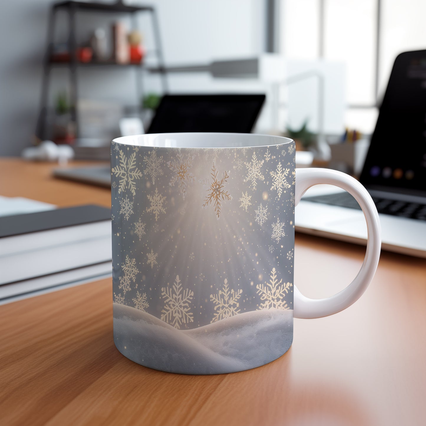 Hrnek s vánočním motivem – zlatavé vločky na zimní obloze