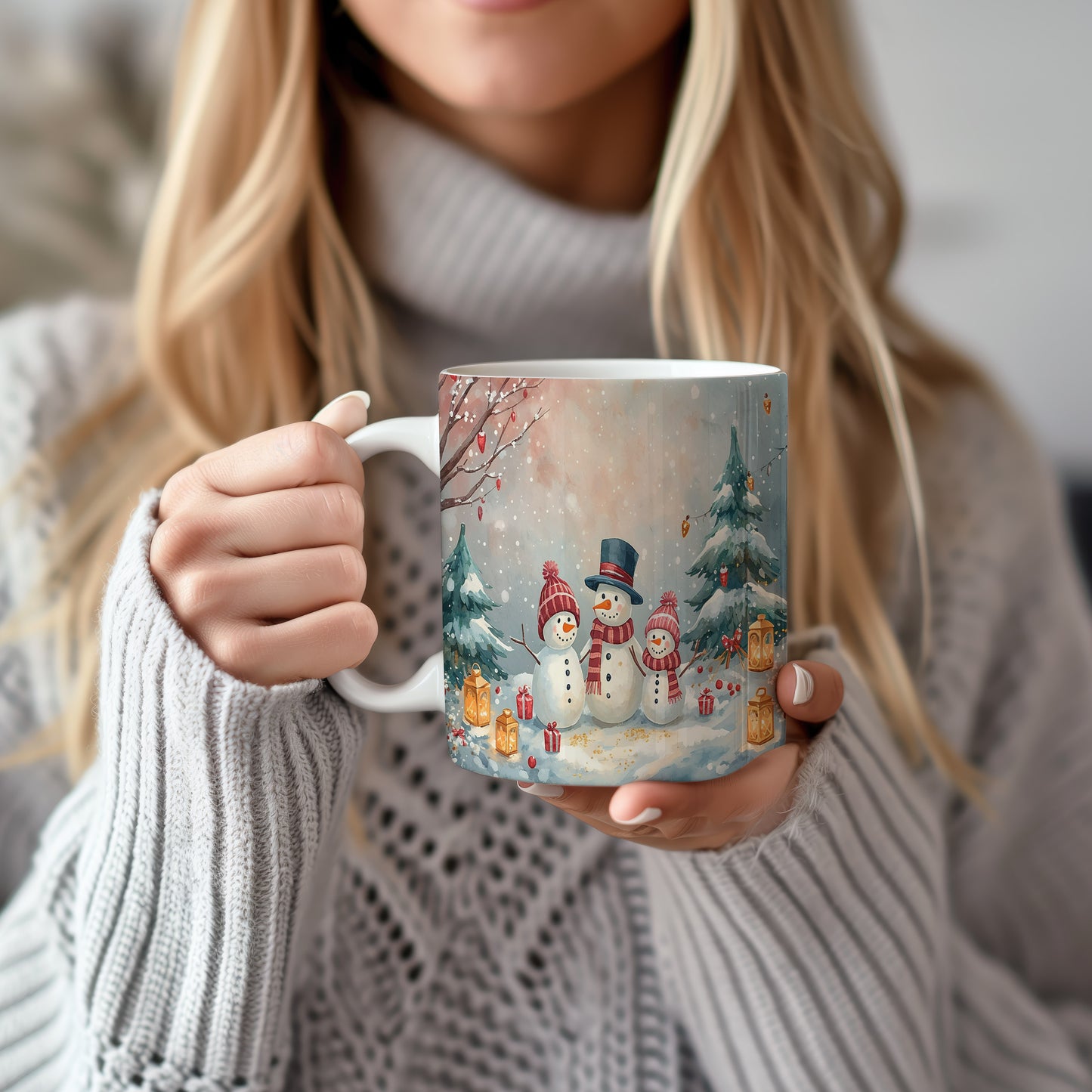 Hrnek s vánočním motivem – sněhuláci a lucerny