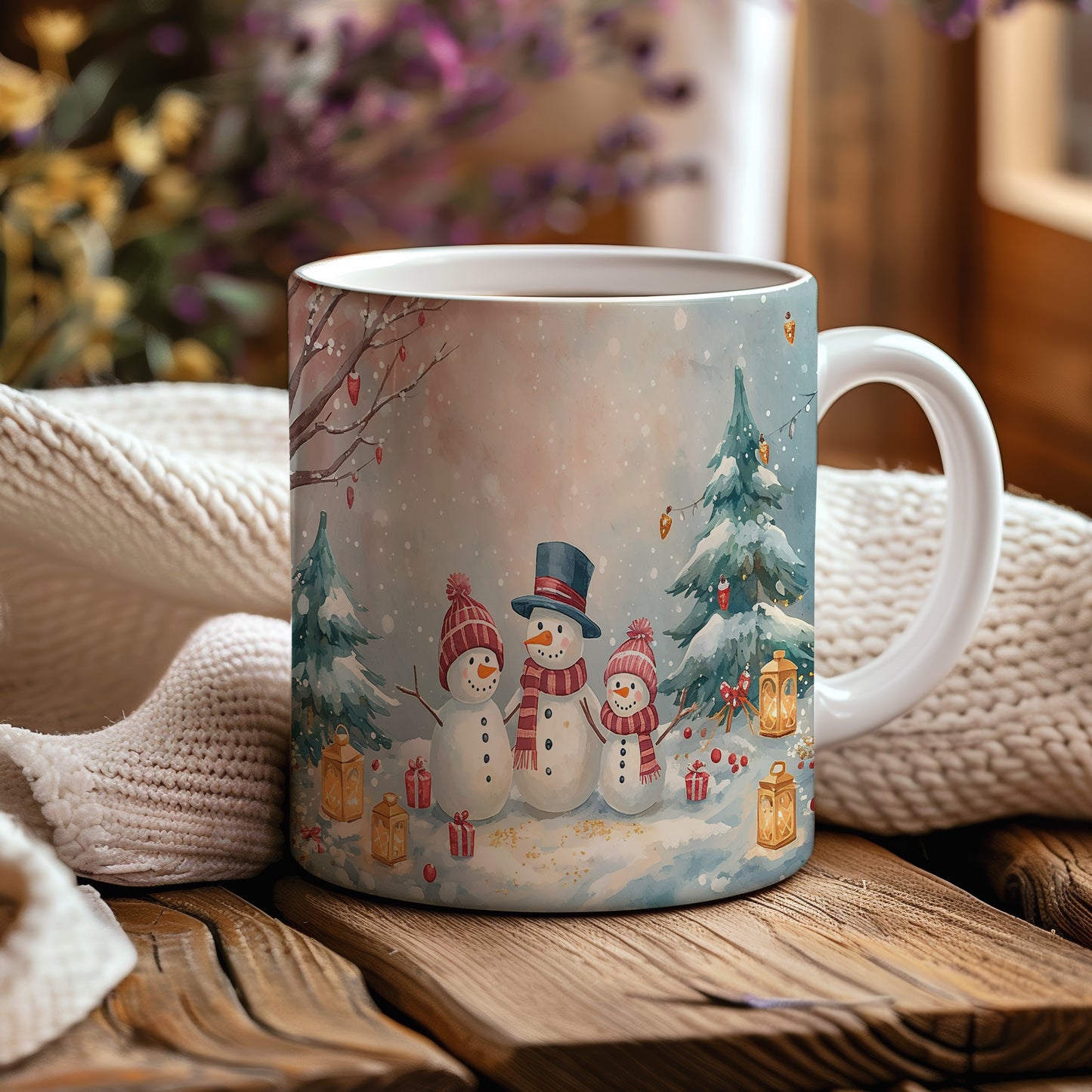 Hrnek s vánočním motivem – sněhuláci a lucerny