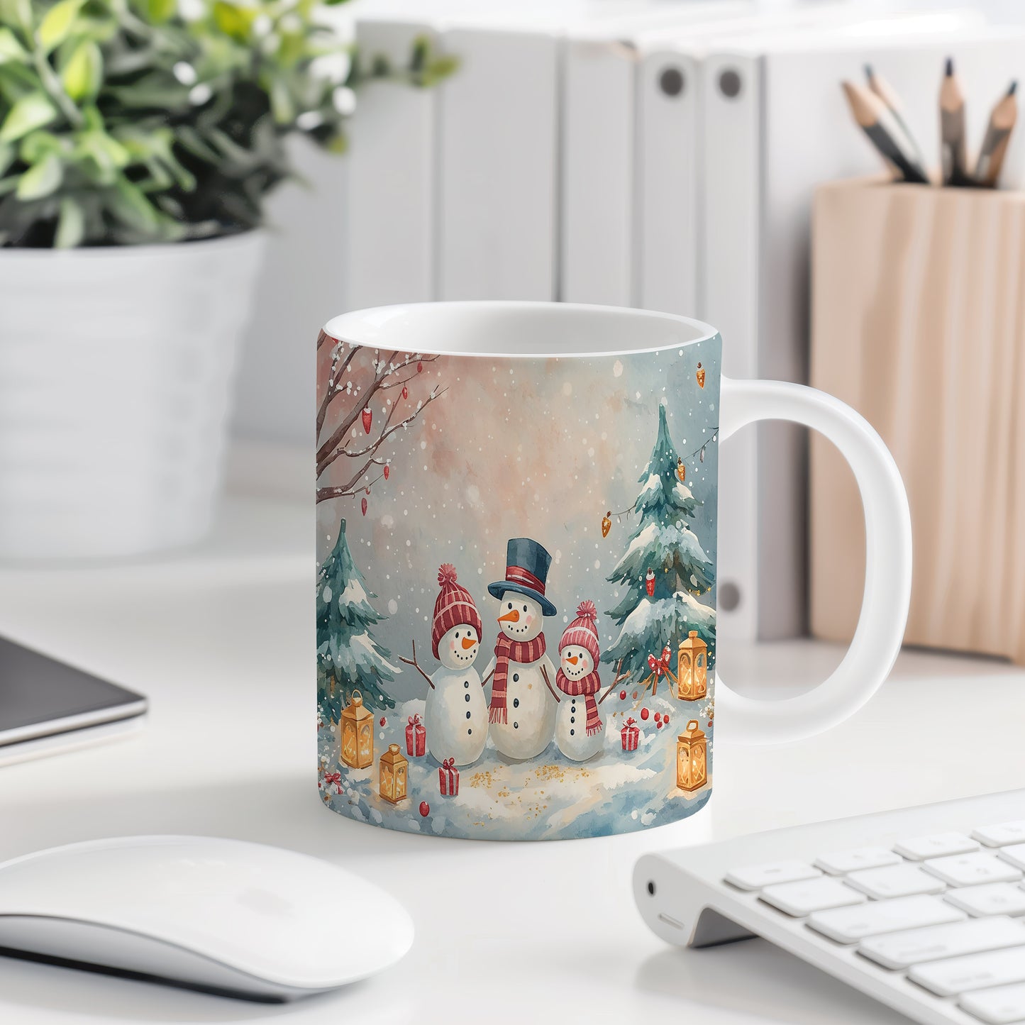 Hrnek s vánočním motivem – sněhuláci a lucerny