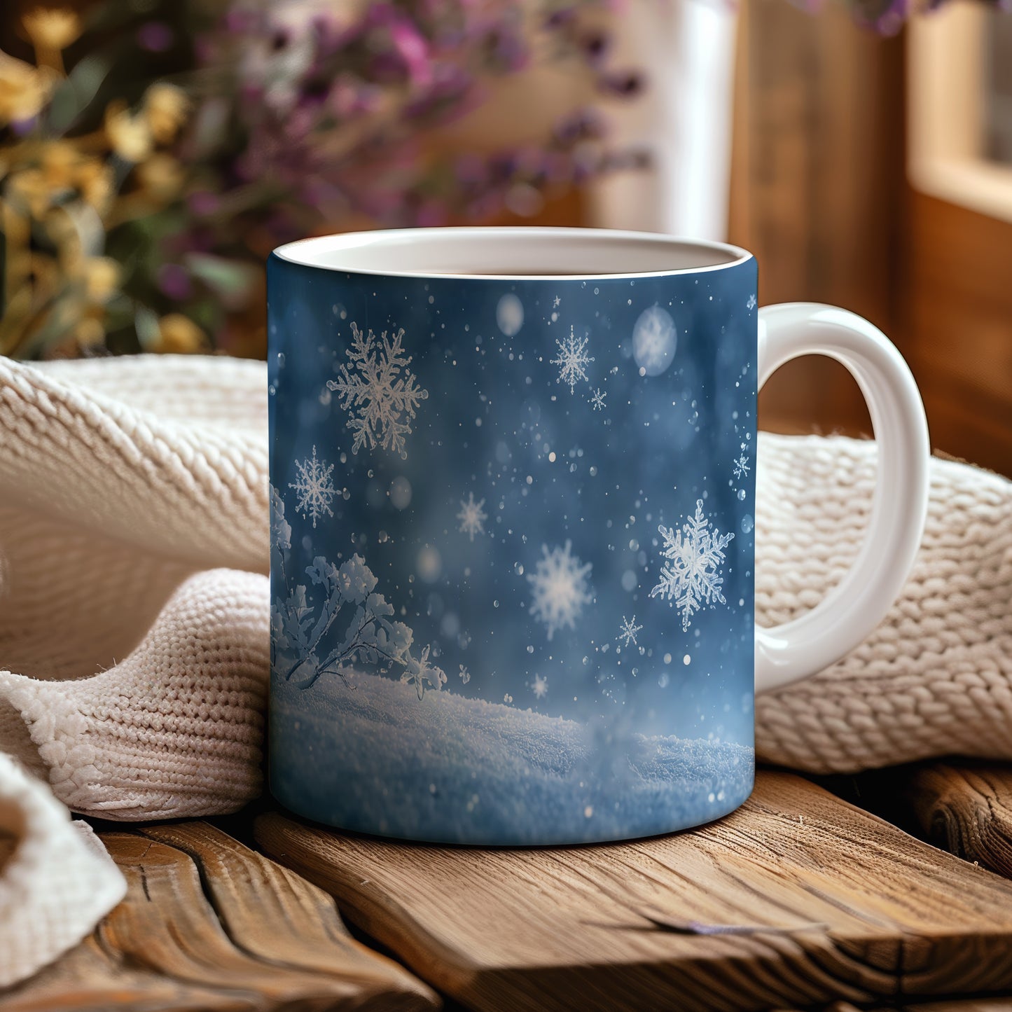 Hrnek s vánočním motivem – padající vločky – sníh, vločky