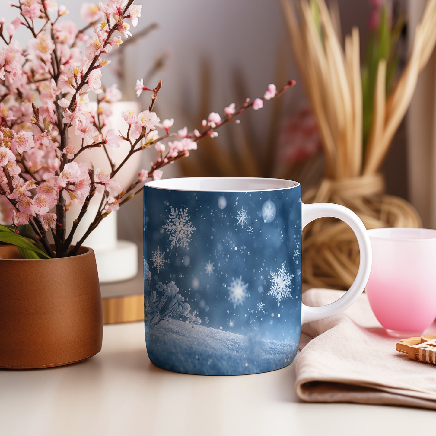 Hrnek s vánočním motivem – padající vločky – sníh, vločky