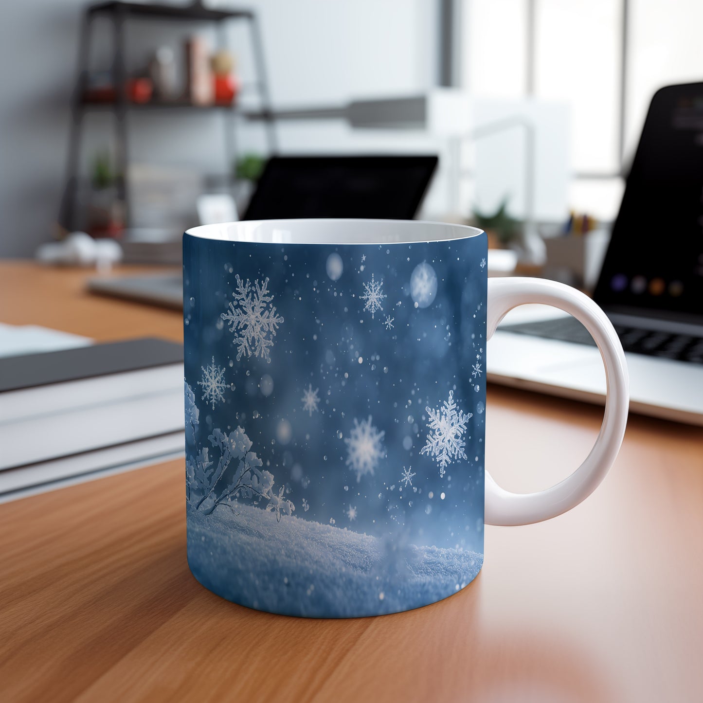 Hrnek s vánočním motivem – padající vločky – sníh, vločky