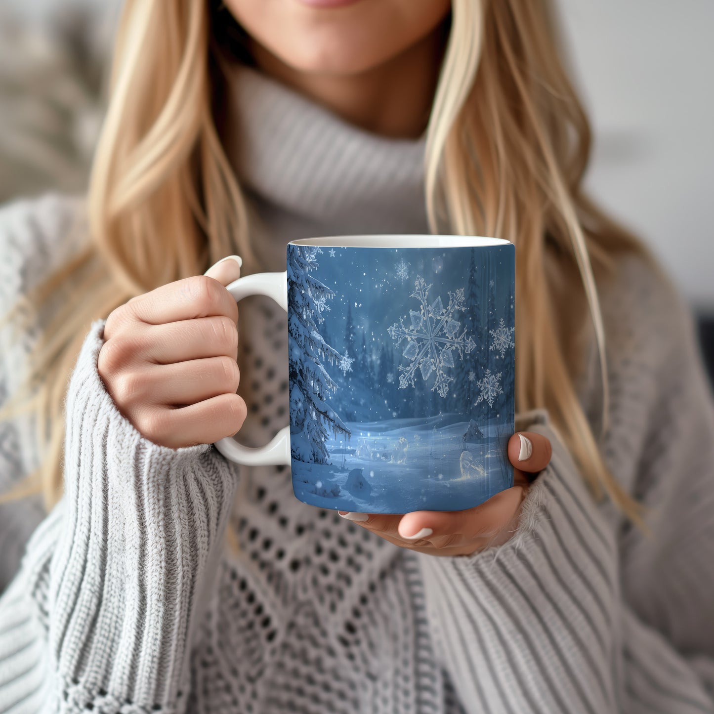 Hrnek s vánočním motivem – ledové vločky v lese