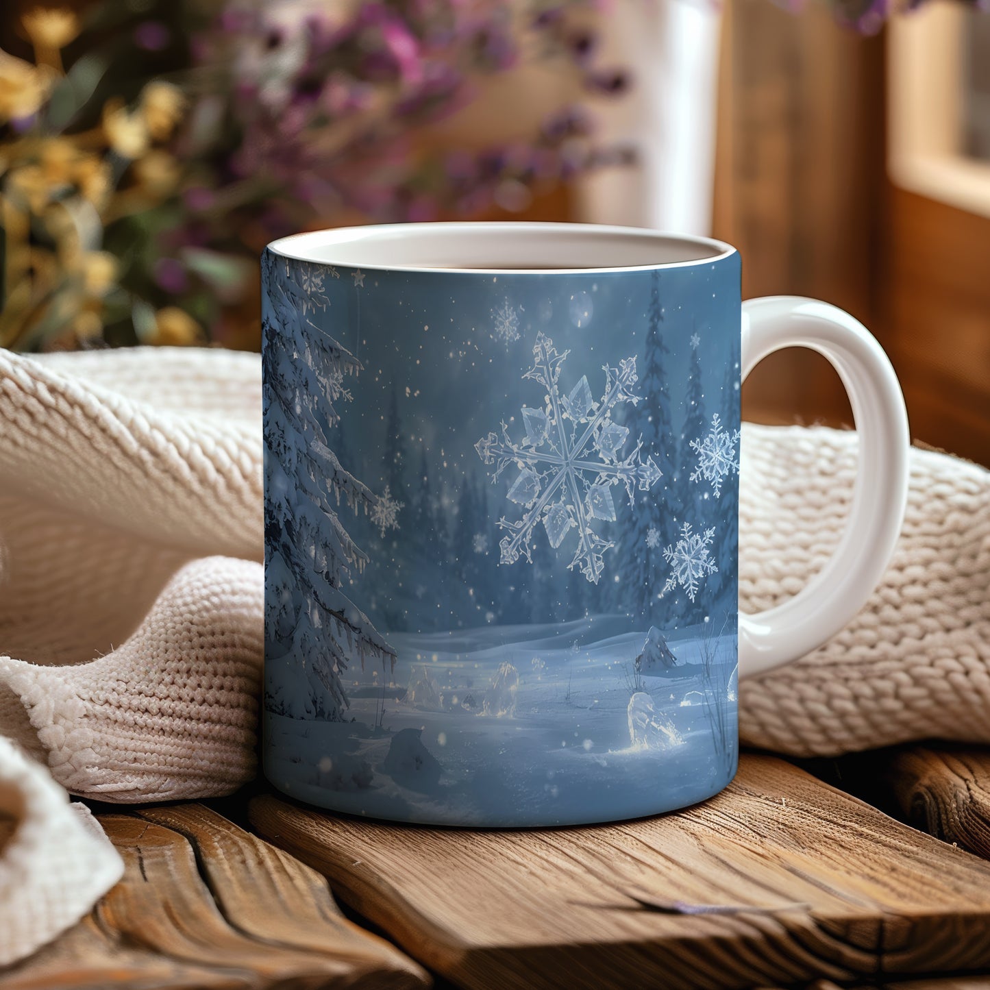 Hrnek s vánočním motivem – ledové vločky v lese