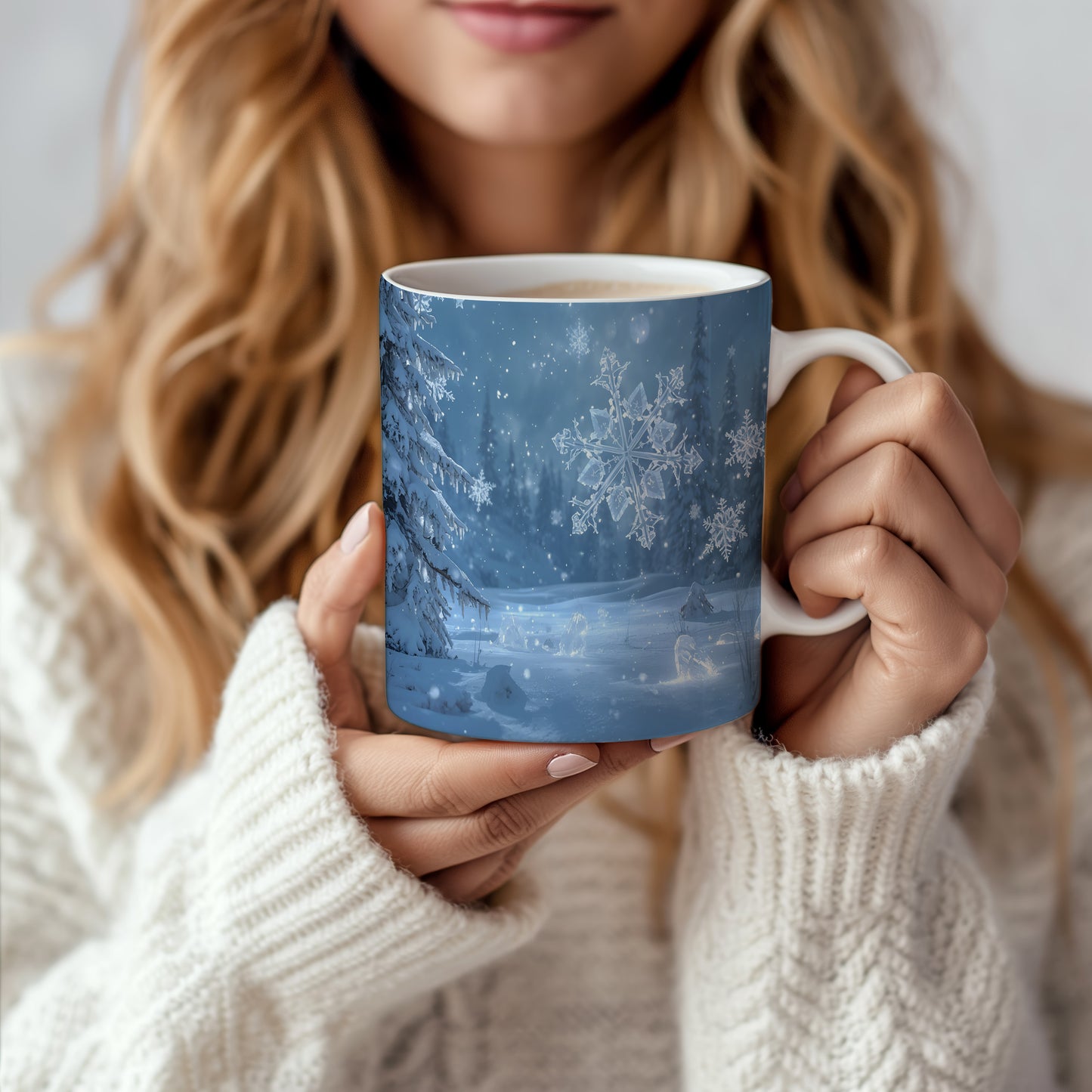 Hrnek s vánočním motivem – ledové vločky v lese