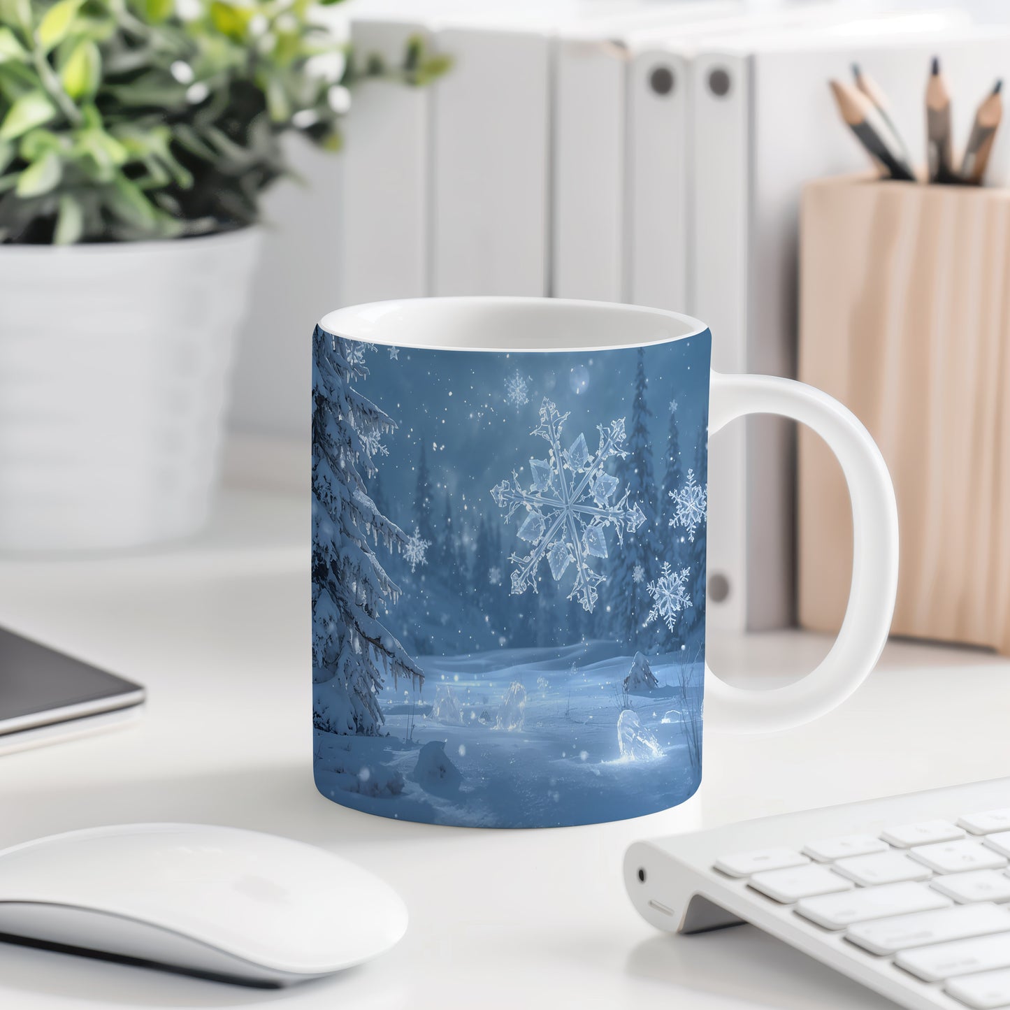 Hrnek s vánočním motivem – ledové vločky v lese