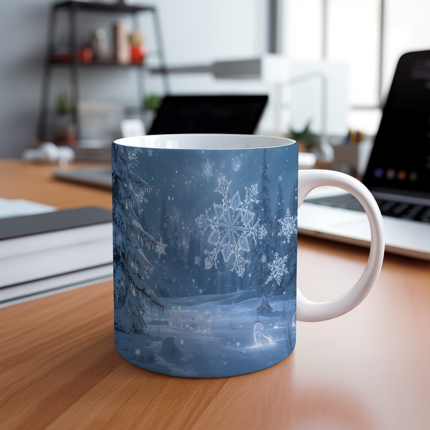 Hrnek s vánočním motivem – ledové vločky v lese