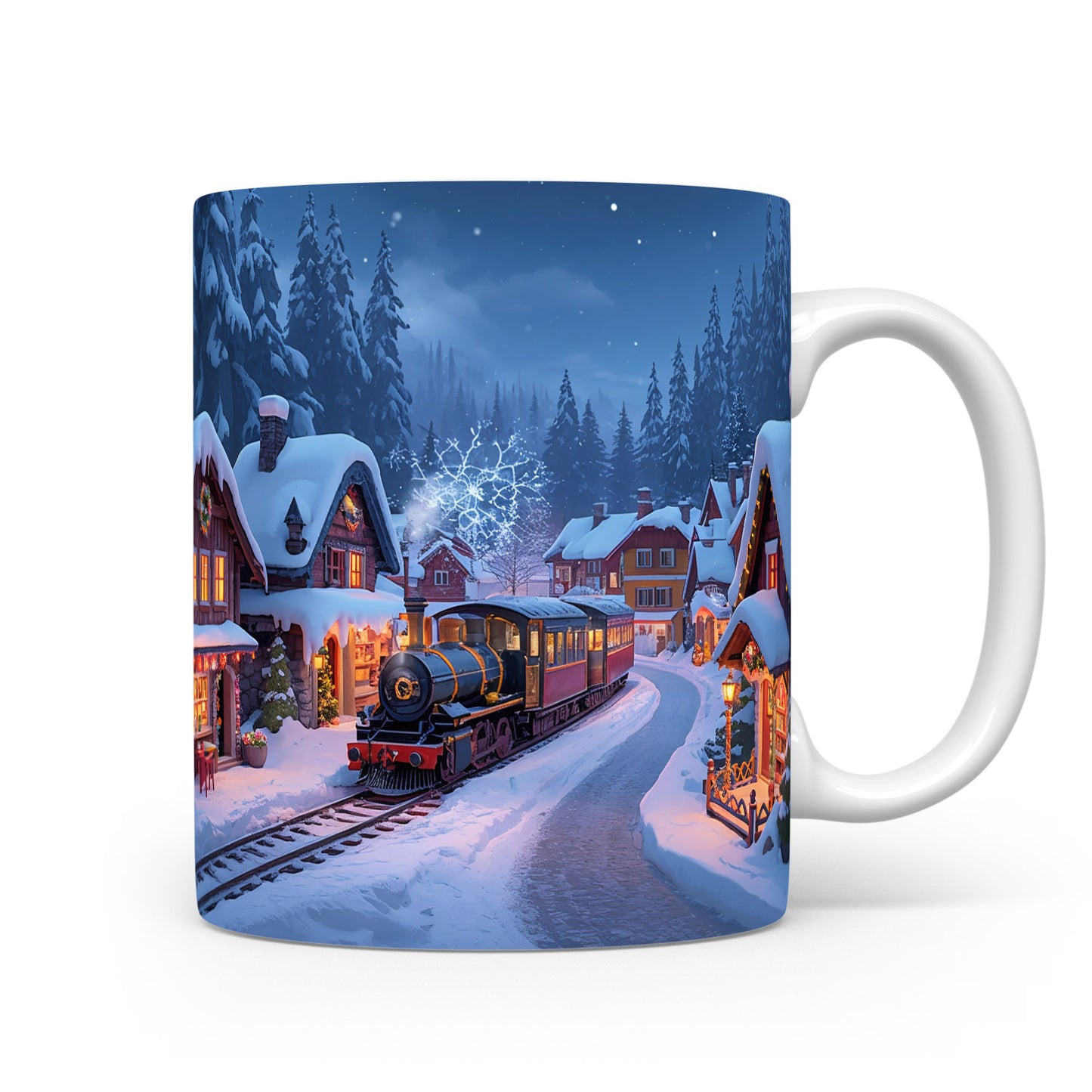 Hrnek s lokomotivou a zimní vesničkou.