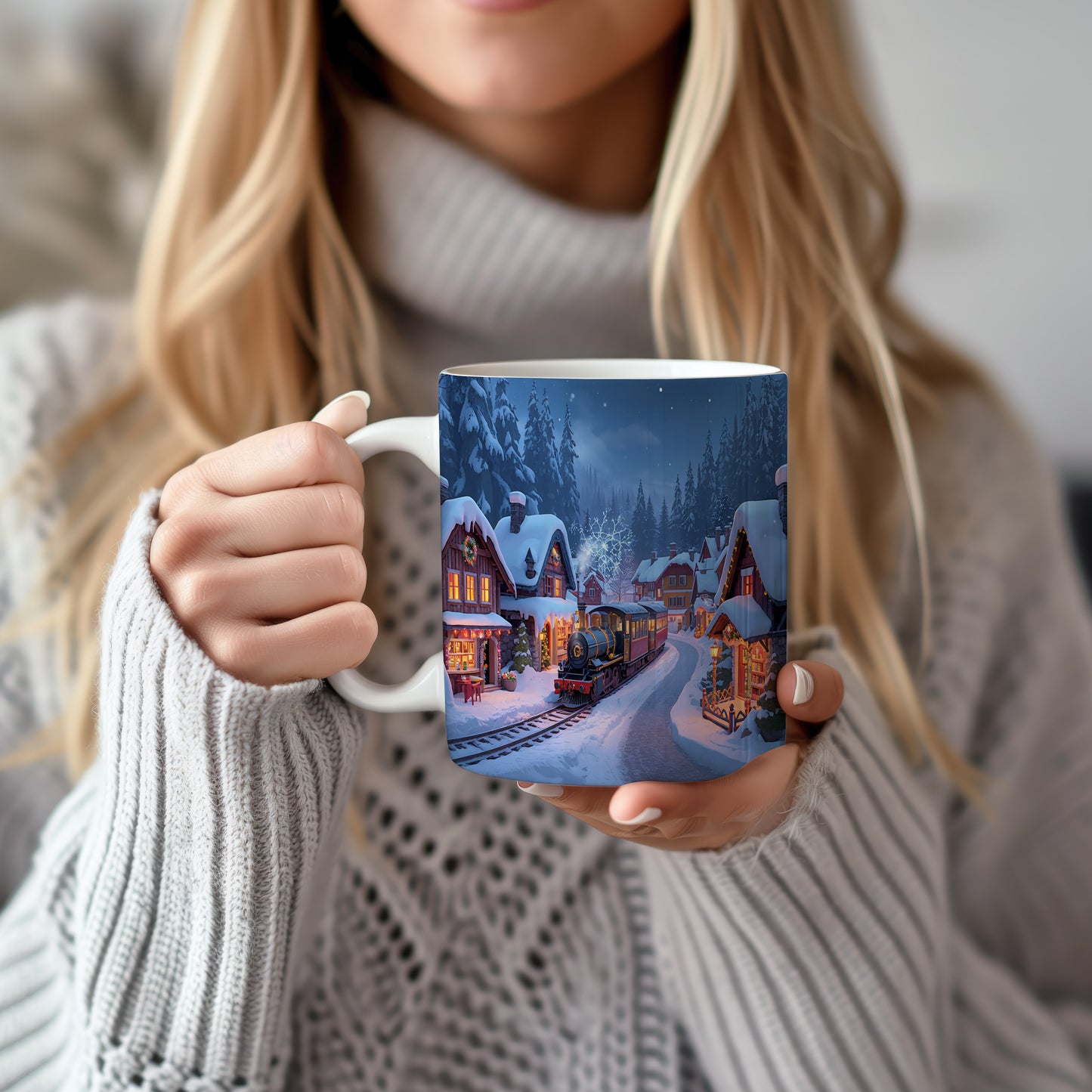 Hrnek s vánočním motivem – parní lokomotiva v zimní vesničce