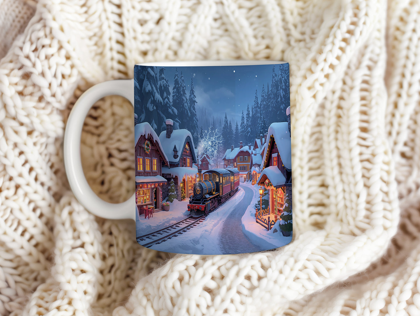 Hrnek s vánočním motivem – parní lokomotiva v zimní vesničce