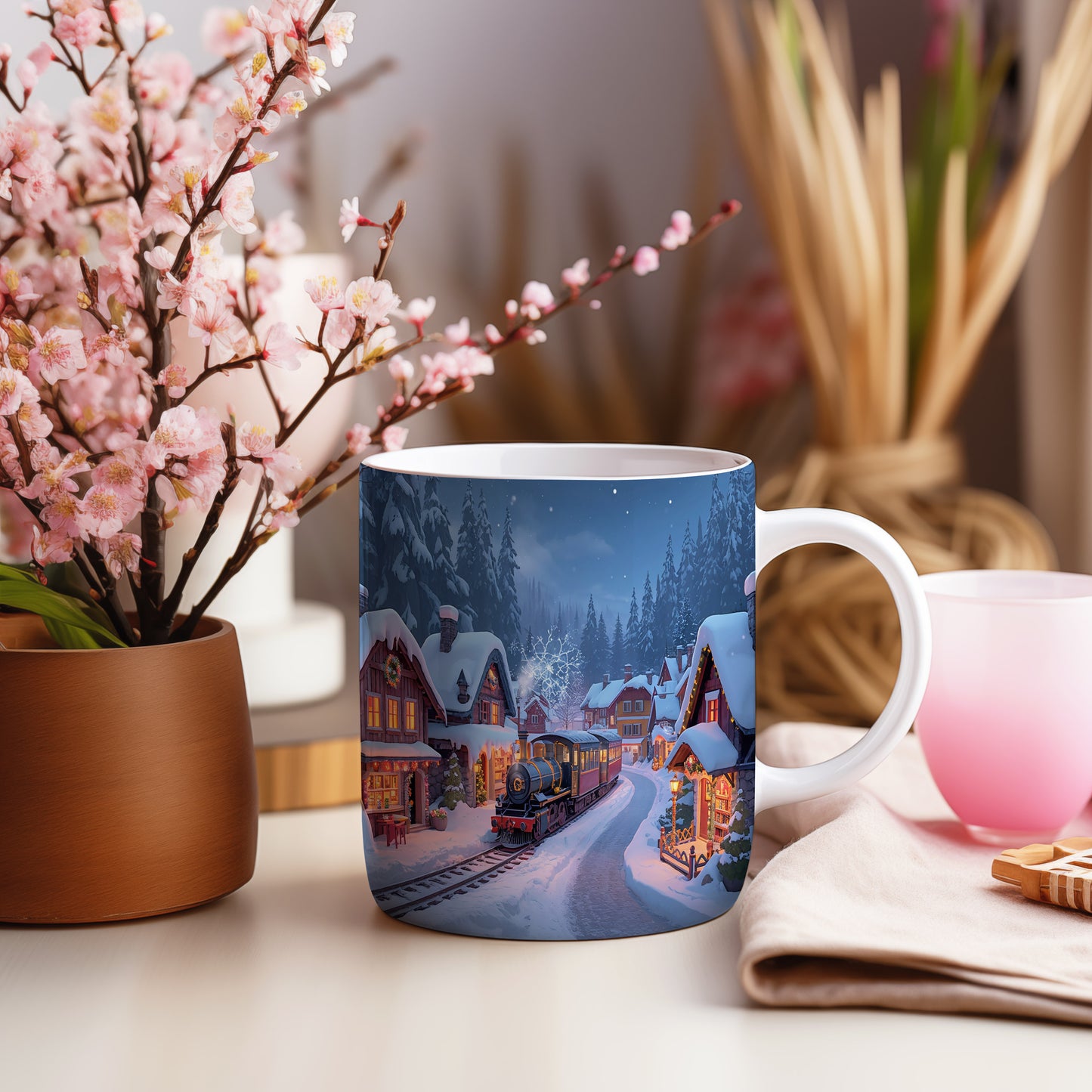 Hrnek s vánočním motivem – parní lokomotiva v zimní vesničce