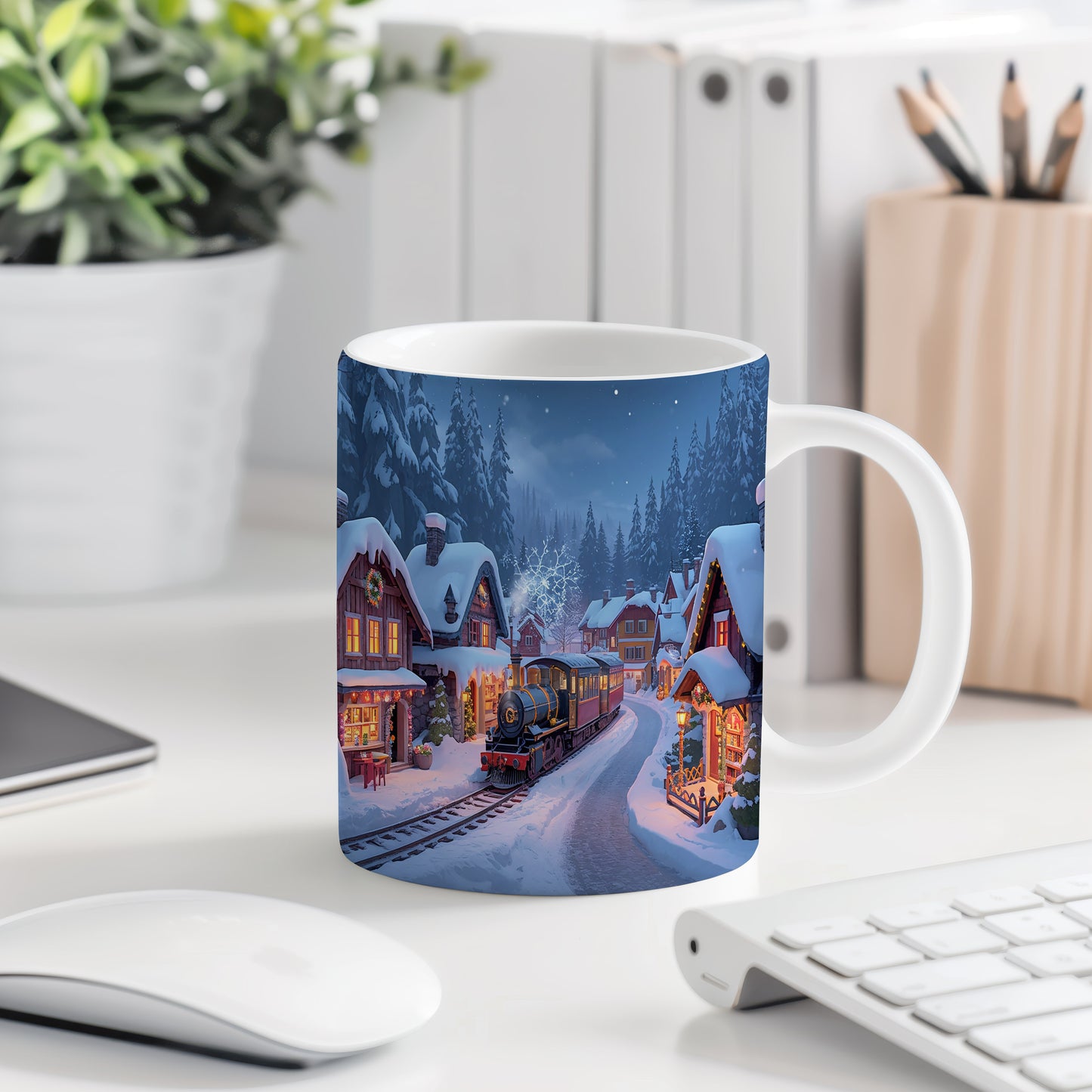 Hrnek s vánočním motivem – parní lokomotiva v zimní vesničce